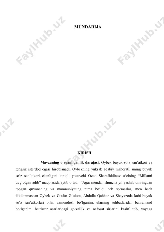 aniladi. kurs ishining maqsadi. oybekning ”bolalik” qissasi haqida ilmiy izlanishlar olib borish, tadqiqotlarni umumlashtirish hamda avtobiografik asarlarining adabiyotdagi o‘rnini va ahamiyatini tahlil qilib oʻrganish va qisqacha tavsiflash. kurs ishning predmeti. avtobiografik asarlar toʻgʻrisida ma’lumotlarni yig‘ish, “bolalik” qissasi haqida mulohaza yuritish. kurs ishning obyekti va metodi. mazkur kurs ishida oybek hayoti va ijodi, badiiyati, ayniqsa, “bolalik” avtobiografik asari o‘rganib chiqildi. ushbu mavzu bo‘yicha ilmiy ishlar olib borgan olimlarning tadqiqotlari va qarashlari atroflicha tahlil qilinib kurs ishi yozildi. tadqiqot mavzusini yoritishda, asosan, tavsifiy metoddan foydalanildi. ilmiy-tadqiqot metodlaridan: tavsifiy, qiyosiy-tarixiy, tahliliy usullardan keng foydalanildi. kurs ishining tuzilishi. kurs ishi kirish, 3 bob, foydalanilgan adabiyotlar ro‘yxati va umumiy 30 betdan tashkil topgan. i bob. oybek asarlarining badiiy talqini 1.1. oybek prozasining mazmuniy ifodasi bugungi kunda badiiy ijodkorlar mahoratini belgilash uning til unsurlaridan foydalanish borasidagi mohirligi mezoni bilan ham bevosita bog‘liq ekanligi yaqqol namoyon bo‘lmoqda. badiiy nutq obrazli nutqdir. ijodkor badiiy asarda so‘z vositasida obraz …