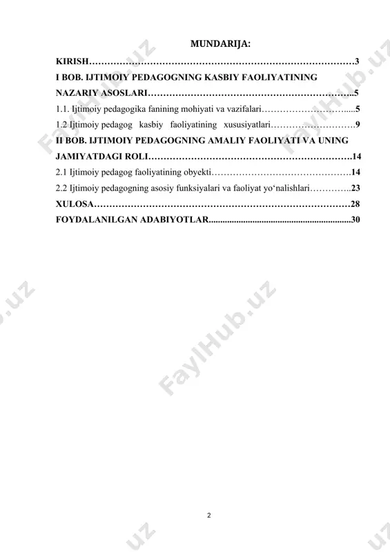 moiy muhitga moslashuvi, shaxsiy muammolarini hal qilish jarayonida ijtimoiy pedagogning xizmatlari beqiyosdir. shu boisdan, ijtimoiy pedagogika nazariyasi va amaliyoti, uning huquqiy asoslarini o‘rganish hamda ijtimoiy pedagogning jamiyatdagi rolini tahlil qilish muhim ilmiy-amaliy ahamiyatga ega. kurs ishining maqsadi – ijtimoiy pedagogning kasbiy faoliyatini nazariy va amaliy jihatdan tahlil qilish, uning jamiyatdagi o‘rni va ahamiyatini o‘rganish, shuningdek, ijtimoiy pedagogika sohasidagi mavjud muammolar va ularning yechimlariga e’tibor qaratishdan iborat.mazkur ish quyidagi vazifalarni bajarishga yo‘naltirilgan: ijtimoiy pedagogika fanining mohiyatini yoritish; ijtimoiy pedagogning kasbiy faoliyatining huquqiy-me’yoriy asoslarini o‘rganish; ijtimoiy pedagogning asosiy funksiyalari va faoliyat yo‘nalishlarini tahlil qilish; ijtimoiy pedagogik faoliyatda uchraydigan muammolar va ularning yechimlarini o‘rganish. tadqiqotning obyekti – ijtimoiy pedagogik faoliyat jarayoni. tadqiqotning predmeti – ijtimoiy pedagogning kasbiy faoliyati va uning jamiyatdagi o‘rni. tadqiqot predmeti esa ijtimoiy pedagogning kasbiy faoliyati va uning jamiyatdagi o‘rni bilan bog‘liq masalalar hisoblanadi. tadqiqotda quyidagi usullar qo‘llanildi: nazariy tahlil – ijtimoiy pedagogikaga oid ilmiy adabiyotlar, ta’lim metodikalari va qonunchilik …