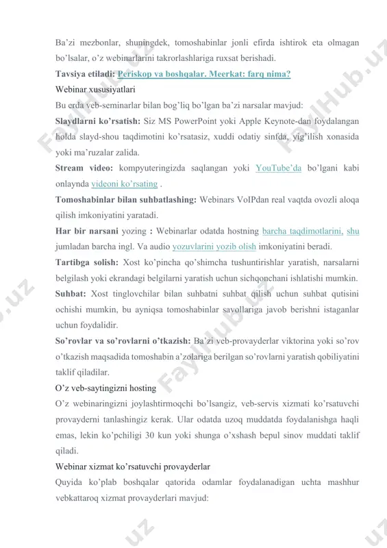 ttalashtirish 50 kishiga qadar va yig’ilishlarda 40 daqiqalik kepka uchun bepul. ushbu xizmat sizning xohlagan ishtirokchilar soniga qarab, har oyda kamida $ 55 dan boshlanadi. qanday qilib mukammal veb-seminar taqdimotini yaratish - 5 ta maslahat va tavsiyalar vinsent pham • 09 nov 2020 • 5 min o’qiyman hozirgi kunda tobora ko’proq kompaniyalar global ishchi kuchi va mijozlar bazasini yaratib, xalqaro miqyosda kengayib bormoqda. shunday qilib, masofadan turib ishlash odatiy holga aylanib bormoqda. bir necha yillar davomida telekonferentsiyalar eng yaxshi variant edi. biroq, internet va veb-konferentsiya texnologiyalarining rivojlanishi bilan jonli video oqim paydo bo’ldi. ammo vebinar nima degani va qanday qilib mukammal vebinar taqdimotini yaratasiz? quyidagi blog postida siz quyidagilar haqida bilib olasiz. · vebinar ta’rifi · mukammal veb-seminar taqdimotini yaratish bo’yicha eng samarali maslahatlar 1. to’g’ri tarkibni tanlang 2. qattiq ssenariy yozing 3. kamera va vizual estetikani tayyorlang 4. interfaol taqdimot dasturidan foydalaning 5. qayta ko’rib chiqing va mashq qiling …