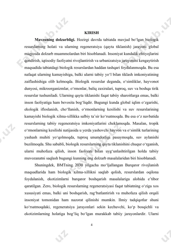 igan salbiy ta’sirini kamaytirish yo‘llarini aniqlash, ekologik xavfsizlikni ta’minlash va biologik resurslardan oqilona foydalanish bo‘yicha amaliy tavsiyalar ishlab chiqish ham ushbu ishning asosiy maqsadlaridan biridir. kurs ishining vazifalari: · tabiatdagi biologik resurslar tushunchasini, ularning turlari va ahamiyatini o‘rganish; · biologik resurslarning regeneratsiya jarayonlarini ilmiy asosda tahlil qilish; · regeneratsiyaga ta’sir qiluvchi tabiiy va antropogen omillarni aniqlash; · biologik xilma-xillikni saqlashda regeneratsiyaning o‘rnini yoritish; · regeneratsiyani rag‘batlantirishga qaratilgan xalqaro va mahalliy tajribalarni tahlil qilish; · o‘zbekiston sharoitida biologik resurslarni tiklash va muhofaza qilish bo‘yicha takliflar ishlab chiqish. kurs ishining predmeti. tabiatda mavjud bo‘lgan biologik resurslarning tabiiy sharoitda va inson faoliyati ta’sirida yuz beradigan regeneratsiya (qayta tiklanish) jarayonlari, ularning shakllanish mexanizmlari hamda ekologik tizimlardagi funksional ahamiyatidir. kurs ishining obyekti. tabiatda uchraydigan biologik resurslar, ya’ni o‘simliklar, hayvonlar, mikroorganizmlar, tuproq va suv tizimlari kabi tirik resurslar hamda ularning tiklanish (regeneratsiya) jarayonlari bilan bog‘liq ekologik muhitdir. kurs ishining tuzilishi: kirish, 2 ta bob, umumiy xulosa …