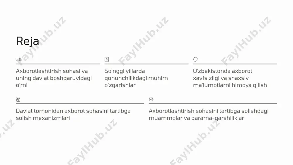 imlik huquqining cheklanishi platformalarning mas'uliyati ortishi global tendentsiyalar zararli kontentdan himoya davlat qoidalarining kuchayishi raqamli maxfiylik masalalari 3-bob o'zbekistonda axborot xavfsizligi va shaxsiy ma'lumotlarni himoya qilish o'zbekiston axborot xavfsizligi sohasida zamonaviy standartlar va tizimlarni joriy etishda faol ishlar olib bormoqda. o'zbekistonda shaxsiy ma'lumotlarni himoya qilish holati 2025 yil qarori prezident qarori № pp-153: axborot texnologiyalari yordamida jinoyatlarga qarshi kurash tizimi yangi tizimlar kiberxavfsizlik bo'yicha monitoring xizmatlari va himoya tizimlarini tashkil etish kiberjinoyatlar va ularning o'sishi 5.5k 2023 yilda qayd etilgan kiberjinoyatlar soni 58.8k 2024 yilda kiberjinoyatlar sonining keskin o'sishi asosan bank kartalari o'g'irlanishi va shaxsiy ma'lumotlar suyiste'mol qilinishi bilan bog'liq holatlar ko'paymoqda. bu holat samarali himoya choralarini kuchaytirishni talab qiladi. xalqaro tajriba: germaniya, aqsh, yaponiya misollari germaniya federal kiberxavfsizlik agentligi va qat'iy ma'lumotlar himoyasi qonunlari aqsh milliy kiberxavfsizlik strategiyasi va davlat-xususiy sektor hamkorligi yaponiya raqamli jamiyat uchun kompleks xavfsizlik yondashuvi katta kiberhujumlar shuni ko'rsatdiki, faqat texnologiyalar yetarli emas - qonuniy …