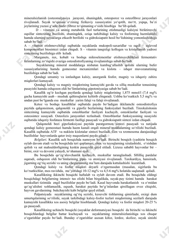 hamda tezaklashning qiyinlashish belgilari qayd etiladi. ichaklar harakati susayadi, siydik ajratish siyraklashadi va keyinchalik, siydik xaltasining yarim falaji oqibatida uning butunlay to‘xtashi kuzatiladi. otlar kuchli terlaydi, teridan mochevina va boshqa oraliq almashinuv mahsulotlariga xos hid keladi. yotoq yaralari paydo bo‘ladi. qonda echt ning sekinlashishi, qand va sut kislotasi konsentratsiyasining ko‘tarilishi, ishqoriy zahira (35 so2 hajm % gacha va magniy miqdorining kamayishlari kuzatiladi. patologoanatomik o‘zgarishlari. shilliq pardalarda shish, ko‘kargan va biroz sarg‘aygan joylar uchraydi. ko‘krak, bel, tos va ba’zan oldingi oyoqlar va chaynash muskullari ko‘kimtir yoki oqchil-sarg‘ish tusga kirgan bo‘ladi. hayvon to‘satdan o‘lganda va gavda tezlik bilan yorib ko‘rilganda muskullar kislotalik muhitga ega bo‘ladi va ochiq havoda tezda sarg‘ayadi. gistologik tekshirishlar yordamida muskullarda distrofiya va nekroz o‘choqlari aniqlanadi. yurak bo‘shlig‘ida kengayish, miokardda bo‘shashish va natijada uning qaynatilgan go‘shtni eslatishi, epikard va endokardda qon quyilishlar kuzatiladi. buyrak po‘stloq va mag‘iz qavatlarining o‘zaro qo‘shilib ketishi, uning parenximasida donador va yog‘li distrofiya rivojlanishi, jigarning …
