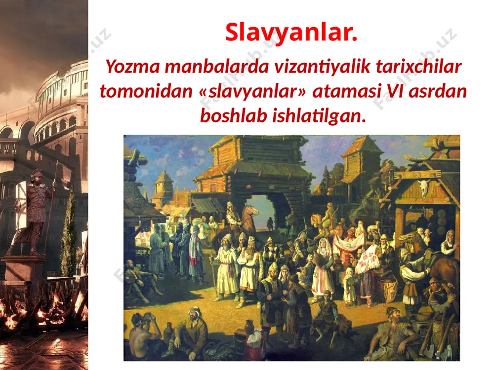 lar. polsha davlati gnezno atroflarida yashagan polyan slavyan qabilalari bo‘lajak polsha davlatiga asos soladi. keyinchalik ushbu qabilalar ittifoqi nomida vujudga kelgan knyazlik polsha deb atalgan. polsha davlati knyaz meshko x asr o‘rtalarida visla daryosi havzasida polyak qabilalarini birlashtirib, polsha davlatiga asos solgan. u o‘z qo’shini bilan xristianlikni qabul qilgan. meshko i meshko i ning o‘g‘li boleslav qo‘shinlari polsha mustaqilligini saqlab qolish uchun german imperatorlariga qarshi kurash olib boradi. boleslav jasur bu urushda g‘olib chiqadi va o‘z mamlakati chegarasini kengaytirishga muvaffaq bo‘ladi. savol va topshiriqlar 1. xaritadan uchta slavyan qabilalari guruhlari yashagan hududlarni topib ko‘rsating. 2. slavyanlar xo‘jalik mashg‘ulotlarini sanab bering. 3. slavyanlar xo‘jaligi, ijtimoiy tuzum va dinlarida qanday o‘xshashlik hamda tafovutlar mavjud? 4. bolgariya kimning davrida o‘z taraqqiyoti cho‘qqisiga chiqadi? 5. knyaz vatslav chexiya davlati tarixida qanday o‘rin tutgan? 6. polsha davlatiga kim asos solgan? image1.jpg image2.jpeg image3.png image4.emf image5.jpeg image6.png image7.jpeg image8.emf image9.jpeg image10.emf image11.jpeg image12.jpeg image13.jpeg image14.emf image15.jpeg