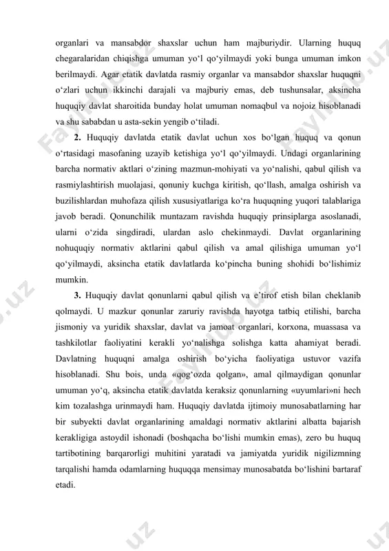 rorligi muhitini yaratadi va jamiyatda yuridik nigilizmning tarqalishi hamda odamlarning huquqqa mensimay munosabatda bo‘lishini bartaraf etadi. 4. huquqiy davlatda davlat normativ aktlarining amal qilishida subordinatsiyaga rioya qilinishiga katta ahamiyat beriladi. unda huquq manbalari, ya’ni normativ aktlarning qat’iy bo‘ysundirilgan tizimi shakllanadi, amal qiladi va rivojlanadi. bu tizimda har bir aktning o‘rni uning yuridik kuchiga bog‘liq bo‘ladi. mazkur tizim, ifodali qilib aytganda, huquqiy manbalar «ehromi» cho‘qqisi – yuqori yuridik kuchga ega bo‘lgan konstitutsiyaga asoslanishi, uni aniqlashtirishi, to‘ldirishi va mazmunini rivojlantirishi lozim. shunga muvofiq ravishda konstitutsiyaviy va oddiy qonunlar tuziladi, yuridik pillapoya (piramida)ning quyi «qavatlari» davlat rahbarining aktlari, hukumat farmonlari va farmoyishlari, vazirliklar va idoralar buyruqlari va ko‘rsatmalari, mahalliy vakolatli va ijro etuvchi organlar aktlari, huquqiy odatlar, sud va ma’muriy pretsedentlar yaratiladi. kichik yuridik kuchga ega bo‘lgan aktlarga kattaroq yuridik aktlarga nisbatan ustuvor davlatlarga xos bo‘lib, huquqiy manbalar subordinatsiyasi va iyerarxiyasini buzadi va shu bois huquqiy davlat uchun zid hisoblanadi. 5. shaxs va …