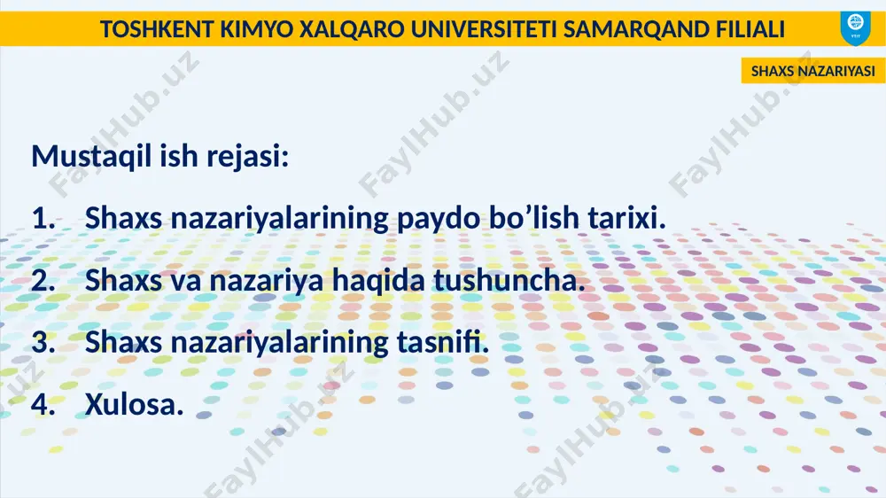 ini yaxlit inson sifatida his etishi, o‘z xususiyatlari va sifatlari bilan boshqalardan farq qilmog‘i kerak. shaxs va nazariya haqida tushuncha. shaxs nazariyasi toshkent kimyo xalqaro universiteti samarqand filiali nazariya — biror hodisa va faktlarni izohlovchi va bashorat qila biluvchi bilimlar tizimi, sxemasidir. shaxs nazariyasi toshkent kimyo xalqaro universiteti samarqand filiali shaxs nazariyalarining tasnifi. inson sub'ektining shaxsiyatini o'rganishga qaratilgan qirqga yaqin yondashuv va tushunchalari mavjud. shaxs nazariyasi toshkent kimyo xalqaro universiteti samarqand filiali shaxsning asosiy nazariyalari quyidagi nazariyalar xisoblanadi: shaxsiyatning analitik nazariyasi. shaxsning psixodinamik nazariyasi. shaxsiyatning gumanistik nazariyasi. shaxsiyatning kognitiv nazariyasi. shaxsiyatning faoliyat nazariyasi. shaxsiyatning o'zini tutish nazariyasi. shaxsiyatning dispozitsiya nazariyasi. shaxsiyatning zamonaviy nazariyasi. shaxs nazariyasi toshkent kimyo xalqaro universiteti samarqand filiali shaxsiyatning analitik nazariyasi. ushbu yondashuvga ko'ra, shaxs - bu amalga oshiriladigan va tug'ma arketiplar jamoasi. shaxsning tuzilishi - bu ongli va ongsiz, alohida va ekstraditsiya qilingan shaxsiy munosabatlarning alohida bloklari o'rtasidagi munosabatlarning o'ziga xosligi. shaxs nazariyasi toshkent kimyo xalqaro …