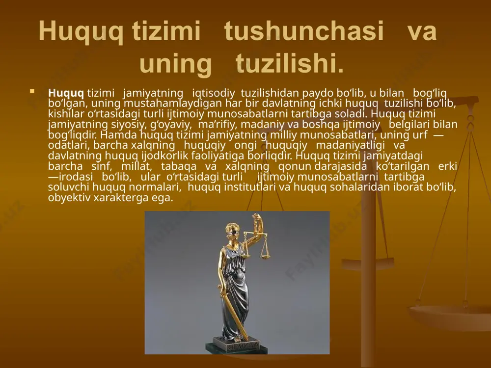 miga kiruvchi — huquq sohalari yangilanib rivojlanib bormoqda. o‘zbekiston respublikasining asosiy huquq sohalari quyidagilardan iborat konstitutsiyaviy huquq — bu huquq sohasi o‘zrsida davlat hokimiyatini amalga oshirish shaklini, fuqarolarning holatini, iison huquqi va erkinliklarini kafolatlovchi huquqiy normalarni, ma’muriy hududiy va davlat tuzilish shaklini, oliy majlis, prezident va vazirlar mahkamasi faoliyatini, saylov tizimi, prokuratura, moliya va kredit, mudofa va xavfsizlikka oid huquqiy normalar yig‘indisidir. bu huquqning manbai mustaqil o‘zbekiston respublikasining yangi konstitutsiyasi, turli qonunlar va boshqa hujjatlardir . huquq tizimida xalqaro huquq huquq tizimida xalqaro huquq alohida o‘rin egallaydi. u biron davlatning milliy huquq tizimiga kirmaydi. xalqaro huquq, turli ijtimoiy sistemadagi davlatlar o‘rtasida tinch — totuv yashash tamoyillariga va ular o‘rtasidagi diplomatiya va boshqa turli ijtimoiy munosabatlarni tartibga soladi. xalqaro huquqning subyekti faqat davlatlar bo‘ladi. bu huquq manbai turli xalqaro shartnomalar, bitimlar, konvensiyalar va boshqa xalqaro normalar qisoblanadi. xalqaro huquq xalqaro umumiy va xususiy sohalari mavjud. xalqaro dengiz huquqi xalqaro havo huquqi, …