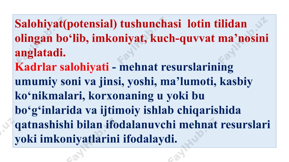 an bandlar: pul bilan to‘lanadigan yoki natura holidagi haq evaziga yollanib, shuningdek, o‘z faoliyati evaziga qancha muddati haq yoki daromad olishdan qat’iy nazar, foyda yoki oilaviy daromad olish uchun yollanmasdan haftasiga kamida 2 soat mobaynida ish bajarganlar; b) kasalligi yoki jarohatlanganligi tufayli, bemorlarga qarab turish uchun; yillik mehnat ta’tili yoki dam olish kunlarida; o‘z ish joyidan tashqarida ta’lim olganligi uchun; ma’muriyat tashabbusi bilan ta’minoti saqlab qolingan yoki saqlanmagan holda mehnat ta’tilida bo‘lgan va boshqa shunga o‘xshash sabablar bilan vaqtincha ishda bo‘lmaganlar; v) oilaviy korxonada haq olmasdan ish bajargan shaxslar. ish bilan band bo‘lmagan, ishga joylashishga muhtoj aholi – amaldagi qonunlarga muvofiq ishsizlar sifatida rasman ro‘yxatdan o‘tgan (mehnat organlari bandlikka ko‘maklashish markazlari tashkil etadigan, haq to‘lanadigan jamoat ishlarida ish bilan band bo‘lgan davri ham qo‘shganda), shuningdek, mehnatga qobiliyatli yoshda bo‘lib, vaqtincha ish bilan band bo‘lmagan, haq to‘lanadigan ishi yoki daromd keltiradigan mashg‘uloti bo‘lmagan,yo mehnat organlari yordamida, yoki mustaqil ravishda faol ish …