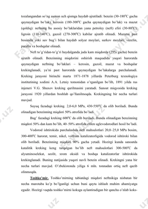 odorod ishtiroki bilan olib boriladi. benzinning miqdori 90% gacha yetadi. hozirgi kunda sanoatda katalitik kreking keng tarqalgan bo’lib neft mahsulotlari 300-5000c da alyuminoselekat, seolit, xrom oksidi va boshqa katalizatorlar ishtirokida krekinglanadi. buning natijasida yuqori navli benzin olinadi. krekingni yana bir necha turlari mavjud. o’zbekistonda yiliga 6 mln. tonnadan ortiq neft qazib olinmoqda. toshko’mir. toshko’mirning tabiatdagi miqdori neftnikiga nisbatan bir necha marotaba ko’p bo’lganligi uchun buni qayta ishlash muhim ahamiyatga egadir. hozirgi vaqtda toshko’mirni koksga aylantiradigan bir qancha o’nlab koks-kimyo zavodlari ishlab turibdi. toshko’mirni havosiz 1000-12000c da qizdirilganda koks va gaz hosil bo’ladi. bu gaz tarikibida metan, etilen, vodorod va uglerod oksidi bo’ladi. bundan tashqari toshko’mirni koksga aylantirishda hosil bo’ladigan gaz sovutilganda 3–5% gacha moysimon qora suyuqlik – toshko’mir qatroni hosil bo’ladi. toshko’mir qatronini haydash orqali aromatik uglevodorodlar – benzol, toluol, ksilollar, fenol, naftalin, antratsen, fenantren, piridin asoslari va boshqalar ajratib olinadi. ko’mirni gidrogenlash 400-6000c da 25,0 mpa bosim ostida temir …