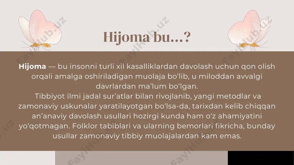 -kunlarida qilish tavsiya etiladi. 01 dushanba, seshanba va payshanba kunlari eng ma’qul sanaladi. 02 to‘q ovqatdan so‘ng hijoma qilish mumkin emas. muolajadan bir kun oldin go‘sht iste’mol qilmaslik kerak. 03 hijomaning qarshi ko‘rsatmalari bormi? qon olishning foydasi insoniyat tomonidan ko‘pdan beri tasdiqlangan. ko‘pgina musulmonlar hijoma barcha kasalliklarga davo deb hisoblashadi. lekin bu usul har kimga ham to‘g‘ri kelmaydi. 01 quyidagi holatlarda hijoma qilish mumkin emas: arterial gipotenziya (pasaygan qon bosimi) miya aterosklerozi o‘tkir infeksiya davri juda kuchli ozib ketgan holatlar qon yetishmasligi (anemiya) qon qotishiga moyillik homilador ayollar gemofiliya (qon to‘xtamasligi) onkologik kasalliklar jigar sirrozi yurak yetishmovchiligi (2–3 bosqich) zaharlanish va og‘ir jarohatlardan keyin hijomaning samaradorligi shifokorlarning ta’kidlashicha, qon olish orqali quyidagi kasalliklardan batamom qutulish mumkin: ► mushak yallig‘lanishi ► depressiya, doimiy charchoq ► quloq, tomoq, burun kasalliklari ► ayollar ginekologik muammolari ► impotensiya ► skolioz ► artroz ► shayna, bel va ko‘krak osteoxondrozi ► ichak kasalliklari ► oshqozonosti bezi …