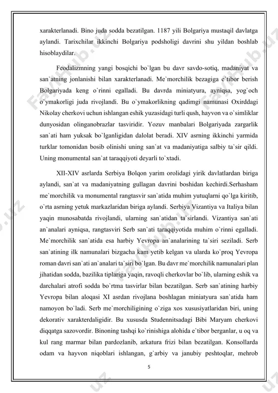 u davrda slovyan yozuvi va bolgar adabiyoti paydo bo`ldi. bolgar san`atiga xos bo`lgan xususiyatlardan biri, antik an`analarning unda uzoq yashashidadir. jumladan, uning me`morchiligida tekis yoyilgan tomi va yon tomonlaridagi binolar uzoq vaqt saqlangan. bunga avliyo sofiya ibodatxonasi misol bo`la oladi. xi asrdan boshlab, bud-gumbaz tipidagi binolar qurila boshlandi. shu tipda qurilgan dastlabki ibodatxonalar presp ko`li atrofidagi german cherkovi (1066 y.) bo`lib, u o`zining nozik nisbati, konstruktiv tuzilishining aniqligi bilan xarakterlanadi. bino juda sodda bezatilgan. 1187 yili bolgariya mustaqil davlatga aylandi. tarixchilar ikkinchi bolgariya podsholigi davrini shu yildan boshlab hisoblaydilar. feodalizmning yangi bosqichi bo`lgan bu davr savdo-sotiq, madaniyat va san`atning jonlanishi bilan xarakterlanadi. me`morchilik bezagiga e`tibor berish bolgariyada keng o`rinni egalladi. bu davrda miniatyura, ayniqsa, yog`och o`ymakorligi juda rivojlandi. bu o`ymakorlikning qadimgi namunasi oxirddagi nikolay cherkovi uchun ishlangan eshik yuzasidagi turli qush, hayvon va o`simliklar dunyosidan olinganobrazlar tasviridir. yozuv manbalari bolgariyada zargarlik san`ati ham yuksak bo`lganligidan dalolat beradi. xiv asrning ikkinchi …