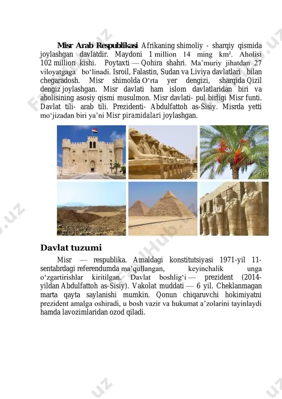 il dengizga yaqin yerlar togʻlikdir. liviya choʻli platosining balandligi shimolda 100 m, janubda 600 m, janubi-gʻarbda 1000 m gacha boʻlib, yer yuzasi qum va toshloq. arabiston choʻli yassitogʻligi sharqda 700 m gacha koʻtarilgan, bu yerda balandligi 2000 m gacha boʻlgan tizmalar bor. nil vodiysiga yaqin joylarning bal. esa 100- 200 m. yassitogʻlik kristalli jinslardan tuzilgan. nil vodiysining kengligi (misr chegarasida) janubda 1-3 km, deltaga yaqin joyda 20-25 km. sinay yarim orolning u, qismini at-tix qirlari egallagan. yarim orolning janubda balandligi 2641 m gacha boʻlgan togʻlar bor. foydali qazilmalardan: temir, marganets, mis, rux, qoʻrgʻoshin, volfram, molibden, uran va oltin, shuningdek, neft, tabiiy gaz, fosforit, osh tuzi, ohaktosh bor. sinay yarim orolda kumir konlari mavjud. mamlakatning katta qismida havo quruq va kam bulutli, tropik kontinental choʻl iqlimi, yogʻin ahyon-ahyondagina yogʻadi. haroratning sutkalik farqi katta. masalan, choʻlda kunduzi temperatura 50° boʻlsa, kechasi 0°. oʻrta dengiz boʻyida subtropik, yozi issiq va quruq, qishi yumshoq …