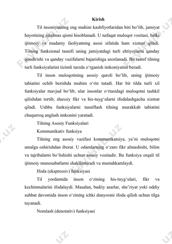 qonunlar bu funksiyaga misol bo‘la oladi. madaniy merosni saqlash funksiyasi til jamiyatning madaniy boyliklarini saqlash va keyingi avlodlarga yetkazishda vosita bo‘lib xizmat qiladi. bu funksiya milliy o‘zlikni anglash va avlodlar o‘rtasidagi bog‘liqlikni ta’minlashda muhim o‘rin tutadi. funktsionallik va uning mohiyati. tilning funktsional asoslarini o’rganamiz va uning ijtimoiy-tarixiy, sotsium xususiyatlarini bilib olishga intilamiz. gap tillarning funktsional xususiyatlari haqida borar ekan, uning geneologik, tipologik (morfo-sintaktik) va areal tasnifi butun dunyo tillarini tasniflash asosida, qolaversa, tillar aloqasi bilan bog’liq holda tipologik jarayonni yuzaga keltiradi. til aloqa-aralashuvdagi muhim vosita sanalib, uning asosiy vazifaviy o’rni kommunikativ funktsiyani bajarishidir. kommunikatio-lat-til hodisalarining maqsadga muvofiq tarqalishidir. tilning bunday funktsiya bajarishi hozirgi o’zbek va jahon tilshunoslari tomonidan e‘tirof etilib kelinmoqda hamda uning ekspressiv funktsiyani bajarishiga e‘tibor qaratilmoqda. exspressia-ma‘no kuchaytirish demakdir. v.a avrorin tilning funktsiyasini quyidagicha bo’laklarga ajratib o’rganadi: 1. kommunikativ funktsiya umuman aloqa aralashuv bilan bog’liq; 2. ekspressivlik ma‘noning kuchaytirilishi va nutqda ta‘sirchanlikni oshirishi; 3. shakl va mazmuniy ma‘no …