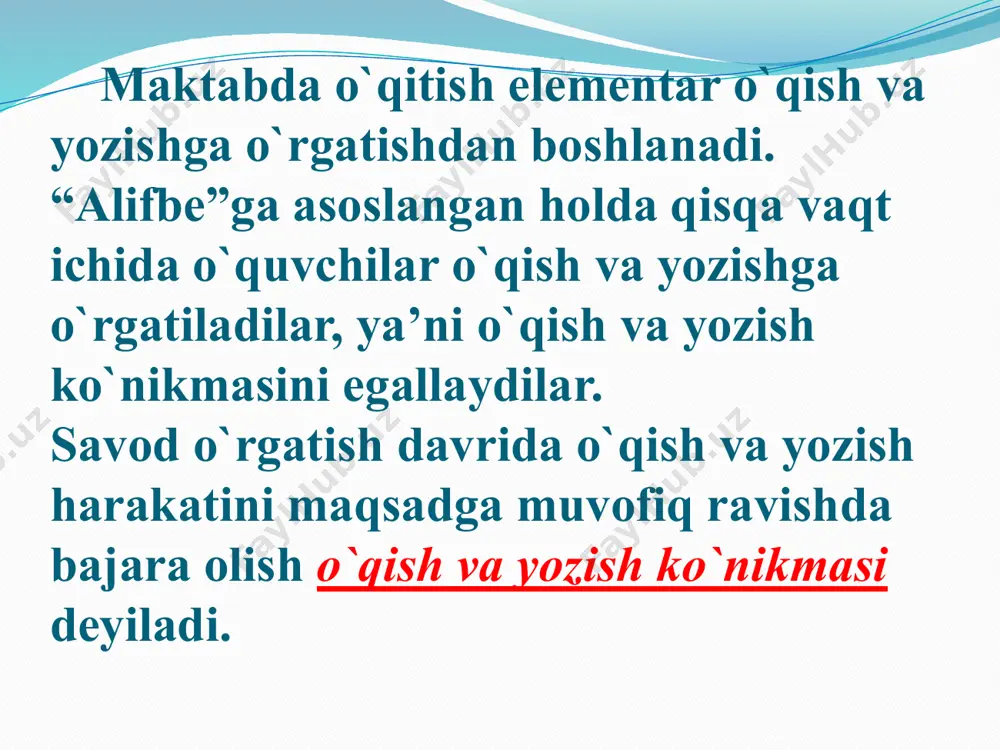 o`stirishga katta e’tibor berish kerak. savod o`rgatish tarixidan savod orgatishda qadimda eski usuldagi maktablarda turli metodlardan foydalanilgan. unda o`qish bilan yozish bir vaqtda o`rgatilmagan, avval faqat o`qishga o`rgatilgan. o`qish “hijo” usuli bilan o`rgatilgan. o`qishga o`rgatishning bu usuli "hijjai qadimiy" deb ham atalgan. 1-bosqich. bu bosqichda harflar nomi yodlatiladi. bu harfiy metod deyilgan. 2-bosqich. bu bosqichda bo`g`in hosil qilish o`rgatilgan. harflar nomi yodlab bo`lingach, bo`gin hosil qilish – zer-u zabarni o`rgatishga o`tilgan. bunda ham quruq yodlatilgan. 3-bosqich. bo`g`inlarni qo`shish. eski maktabda bo`g`inni bo`g`inga qo`shib, so`zlar yodlatilgan. bu usuldagi savod o`rgatishda bolalar savodi yaxshi chiqmagan. turkistonda taxminan xix asrning ikkinchi yarmida ochilgan rus-tuzem maktablari savod o`rgatishda ma’lum darajada ijobiy natijalarga erishdi. rus-tuzem maktablarining o`zbek sinflarida o`zbekcha xat-savod o`rgatish metodi 1900-yildan boshlab asta-sekin isloh qilindi. hijo metodidan tovush metodiga o`tildi. 1902-yilda saidrasul saidazizovning tovush metodiga muvofiq tuzilgan alifbesi - "ustodi avval" qo`llanmasi nashr etildi. mazkur qo`llanma uch bo`limdan iborat edi: 1 -bo`lim: alifbe …