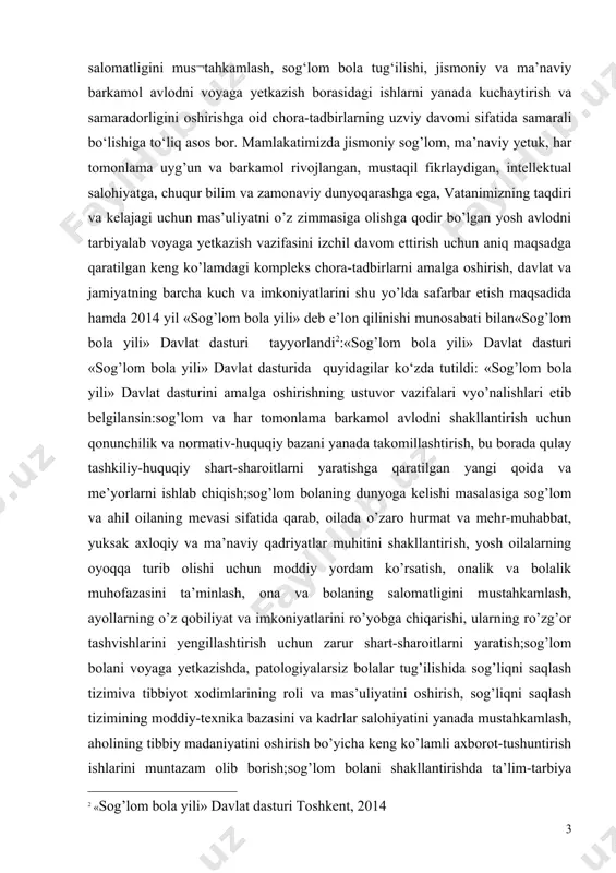 dasturini amalga oshirishning ustuvor vazifalari vyo’nalishlari etib belgilansin:sog’lom va har tomonlama barkamol avlodni shakllantirish uchun qonunchilik va normativ-huquqiy bazani yanada takomillashtirish, bu borada qulay tashkiliy-huquqiy shart-sharoitlarni yaratishga qaratilgan yangi qoida va me’yorlarni ishlab chiqish;sog’lom bolaning dunyoga kelishi masalasiga sog’lom va ahil oilaning mevasi sifatida qarab, oilada o’zaro hurmat va mehr-muhabbat, yuksak axloqiy va ma’naviy qadriyatlar muhitini shakllantirish, yosh oilalarning oyoqqa turib olishi uchun moddiy yordam ko’rsatish, onalik va bolalik muhofazasini ta’minlash, ona va bolaning salomatligini mustahkamlash, ayollarning o’z qobiliyat va imkoniyatlarini ro’yobga chiqarishi, ularning ro’zg’or tashvishlarini yengillashtirish uchun zarur shart-sharoitlarni yaratish;sog’lom bolani voyaga yetkazishda, patologiyalarsiz bolalar tug’ilishida sog’liqni saqlash tizimiva tibbiyot xodimlarining roli va mas’uliyatini oshirish, sog’liqni saqlash tizimining moddiy-texnika bazasini va kadrlar salohiyatini yanada mustahkamlash, aholining tibbiy madaniyatini oshirish bo’yicha keng ko’lamli axborot-tushuntirish ishlarini muntazam olib borish;sog’lom bolani shakllantirishda ta’lim-tarbiya tizimi va sportning rolini kuchaytirish, maktabgacha ta’lim muassasalari tarmog’ini kengaytirish, ularni yuqori malakali va tajribali pedagoglar bilan ta’minlash, boshlang’ich …