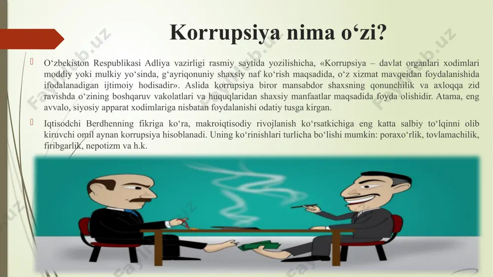 hukm surishi mumkin emas” degan jumla bilan ifodalash mumkin. mamlaakatda korrupsiyaga qarshi jiddiy kurash koʻrinmas qoʻllar abu nasr forobiy “fozil odamlar shahri” asarida fuqarolik jamiyatini qurishda toʻgʻanoq boʻladigan muammolardan biri korrupsiyadir, deb qayd etgan. bozor iqtisodiyoti tizimi kushandasi, davlatlar oʻrtasida ikki va koʻp tomonlama hamkorlik, biznes hamda investitsiya rivojida shafqatsiz toʻsiq ham ayni shu korrupsiya hisoblanadi. har yili oʻnlab qoʻshma korxonalarning ochilishi va yopilishi zamirida ana shu “koʻrinmas qoʻllar” yotadi. korrupsiya darajasi yuqorilashgan davlatga chet el investitsiyasini kiritish kamayib borayotganining asl sabablarini ham shu xavfli illatdan izlash lozimga oʻxshaydi. oldin gʻarb, keyinroq osiyo davlatlarida bu masala chuqurlashib, jamiyatda “kasallik” hududi, koʻlami va darajasi kuchayib borayotgan ekan, nima qilmoq kerak, degan doimiy savol paydo boʻladi. poraxoʻrlik va korrupsiya oʻzbek jamiyatining rivojlanishi poraxoʻrlik va korrupsiya oʻzbek jamiyatining rivojlanishiga, xususan, demokratik yangilanish hamda modernizatsiyalash jarayoniga har jihatdan xalaqit bermoqda. garchi bu masala uzoq yillardan beri taʼkidlanib, “qoʻlga tushgan” amaldorlar televideniye va matbuotda namoyish …