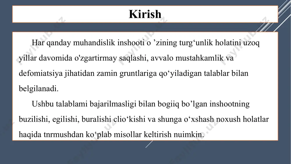ini hisobga olish ahamiyati bunday gruntlaming (shag‘al, tosh, qum va b.) mustahkamligi haqida so‘z yuritilsa, avvalo ulaming siljishga qarshiligi ichki ishqalanish kuchlariga bog’liq ekanligini etirof etmoq lozim. shu bilan birga ulaming zich holatida bikr bog’lanish kuchining ahamiyati ham sezilarli. demak, sochiluvchan gruntlaming siljishga qarshiligi ulaming zichlik (g'ovaklik) ko‘rsatkichi n ga bog’liq ekan. zichlik ortib borgan sari bunday gruntlaming mustahkamligi hamma vaqt ortib boradi. sochiluvchan gruntlar mustahkamligi ulaming namlik darajasiga deyarli bog’liq emas. xulosa tashqi yuk ta’siriáa grunt zarralarining o‘zaro siljishi, surilislii va yanada yaqinroq joylashuvi natijasida ular orasidagi g’ovaklik kamayib grunt ziclilanadi. gruntlaming ziclüashuvi asosan g'ovaklar hajmini kamayishi hisobiga yuz berishi ko’plab tajribalar asosida kuzatilgan. shu hilan birga grunt tarkibidagi zarralar va suvni amalda siqilmaydi deb hisoblash mumkin. bunday fikrlash amaliyotda katta hatolikka olib bormaydi, chunki bir kvadrat santimetr yuzaga 50 - 60 kn bosun (6 - 8 qavatli bino og’irligi) ta’sir ettirib o’tkazilgan tajribalar grunt zarralari va suvning siqilishi …