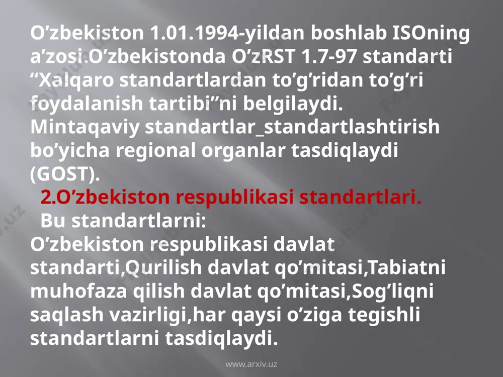 ning samarali usuli hisoblanadi. www.arxiv.uz ushbu maqsadlarga o’zbekiston respublikasi vazirlar mahkamasining 2009-yil 19-iyunda qabul qilingan “respublika korxonalarida xalqa-ro standartlarga muvofiq bo’lgan sifatni boshqa-rish tizimlarini joriy etishni kengaytirish-ga doir qo’shimcha chora-tadbirlar to’g’risida” gi qarori ijrosini ta’minlash hisobidan erishilmoqda. www.arxiv.uz iso 9001:2008 standartlari xalqaro standartlashtirish tashkiloti (iso-international organization for standardization) texnik qo’mitasi tomonidan ishlab chiqilgan bo’lib tashkilotlar va korxonalar sifat menejmenti tizimlarini yaratish hamda takomillashtirishda qo’llanilmoqda.unda qo’llanilgan atama va ta’riflardan 9000 seriyasidagi barcha standart-larda foydalanilmoqda. www.arxiv.uz ularning talablarga muvofiqligi yetkazib beruvchining ishonchlilik darajasi va kompa-niyasi samaradorligidan dalolat beradi. iso muvofiqlik sertifikati esa standart talab-lariga erishilganining tashqi,mustaqil isboti hisoblanadi va sifat menejmenti tizimiga nis-batan qator shartlarni o’z ichiga olgan. www.arxiv.uz o’zbekiston savdo-sanoat palatasi raisi a.shayhovning ta’kidlashicha,korxonalarda iso 9001:2008 sifat menej-menti tizimini joriy qilishni ularning raqobatbardoshli-gini oshirish va bozor sharoitlarida barqaror rivojlani-shining muhim sifatida ko’rib chiqish kerak. natijada korxonalarda iste’molchilar, xodimlar, aksiyadorlar, yetkazib beruvchilar va jamiyat manfaatlarini hisobga olgan holda, barqaror moliyaviy ko’rsatkichlarga erishishga …