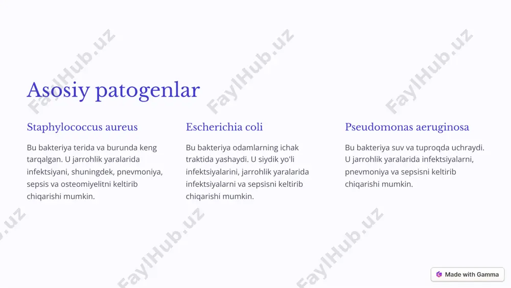 oqlar va qariyalar gospital infektsiyalariga ko'proq moyildirlar. qo'shimcha kasalliklar yuqumli kasalliklar, surunkali kasalliklar va organlarning ko'pligi gospital infektsiyalari xavfini oshiradi. operatsiyaning davomiyligi uzoq davom etadigan operatsiyalar bemorning infektsiyalar xavfini oshirishi mumkin, chunki ular tananing himoya mexanizmlarini zaiflashtirishi mumkin. https://gamma.app/?utm_source=made-with-gamma qo'l gigienasi jarrohlik amaliyotidan oldin va keyin qo'llarni sovun va suv bilan yuvish, operatsiya maydoniga tegilishdan oldin va keyin qo'llarni antiseptik vositalar bilan ishlov berish. qo'llarni to'g'ri yuvish texnikasini o'rganish juda muhim. who tavsiyalari qo'llarni yuvishning to'g'ri usullarini ko'rsatib beradi. tibbiyot xodimlariga qo'l gigienasi bo'yicha muntazam treninglar o'tkazish gospital infektsiyalarni oldini olishning muhim qismidir. https://gamma.app/?utm_source=made-with-gamma operatsiya maydonini tayyorlash 1 tozalash operatsiya maydonini tozalash va dezinfeksiya qilish, sterilizatsiya qilingan matolar va plyonkalardan foydalanish, bemorning terisini tayyorlash. 2 dezinfeksiya qilish operatsiya maydonini antiseptik eritmalardan foydalanib dezinfeksiya qilish. bu bakteriyalarni yo'q qiladi va infektsiya xavfini kamaytiradi. 3 yopish operatsiya maydonini steril matolar va plyonkalar bilan yopish jarrohlik paytida infektsiyani oldini olishga yordam beradi. 4 …