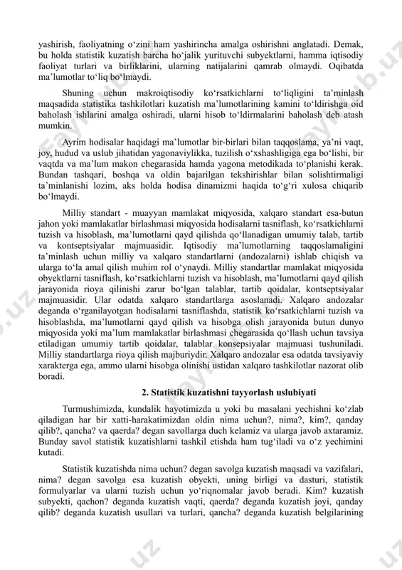 iy axborot vositalari orqali o‘tkaziladigan tekshirishning maqsadi, vazifalarini tushuntirish muhim ahamiyatga ega. to‘rtinchidan, ma’lumotlarni aniqligi, haqqoniyligi kuzatish uslubiga, uslubiy masalalarning to‘g‘ri yechilishiga bog‘liq. beshinchidan, ma’lumotlarni aniqlik darajasiga ko‘rsatkichning sotsial funksiyasi ta’sir etadi. masalan, chaqaloqlar o‘limi darajasi haqidagi ma’lumotlar noaniqligi bu voqealarni ataylab noto‘g‘ri hisobga olinishidan kelib chiqadi. chaqaloq tug‘ilganidan so‘ng bir oz o‘tganda o‘lib qolishini ko‘pincha o‘lik tug‘ildi deb qayd qilinadi. o‘lik tug‘ilgan bola hodisalarini esa chala tug‘ilgan bola deb hisobga oladilar. jinoyatlar soni haqidagi ma’lumotlar ham ishonchsizlik tug‘diradi, chunki ular tartibni saqlash va huquqiy tashkilotlar tomonidan qayd etilgan jinoyatlarnigina aks ettiradi. ma’lumotlarni to‘liqligi, demak, kuzatish jarayonida hamma obyektlarni, birliklarni qamrab olish, har biri haqida barcha ko‘zlangan ma’lumotlarni to‘plashdir. o‘rganish uchun belgilangan obyektlarning ayrimlari kuzatishdan tushib qolsa, yoki ayrim belgi qayd qilinmay qolsa, ma’lumotlar ham to‘liq bo‘lmaydi va ishonchsizlik tug‘diradi. iqtisodiy nazariya va statistikada yashirin iqtisodiyot degan tushuncha bor. u ma’lum maqsadni ko‘zlab iqtisodiy faoliyat natijalarini hisobdan yashirish, faoliyatning o‘zini …