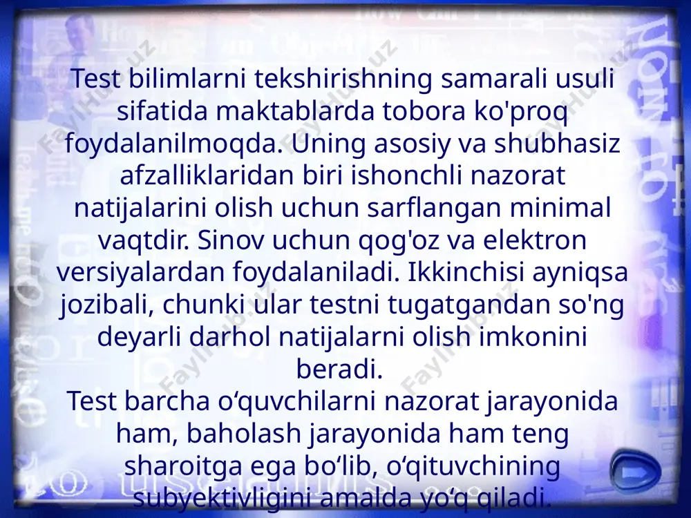 h; - topshiriqlar natijalarini talabaga ko‘rsatish va o‘qituvchiga yuborish; - o'qituvchi ularni o'zi uchun qulay bo'lgan istalgan vaqtda baholashi yoki tahlil qilishi mumkin; - tarmoq orqali talabalarga testlarni tarqatishni tashkil qilish, keyin har safar barcha kompyuterlarga test fayllarini ko'chirishga hojat qolmaydi; - test jarayonini bevosita nazorat qilish. ushbu dastur bilimlarning nazorat bo'limlarini kuzatish imkonini beradi foydalanishning afzalliklari mytest mytest dasturi o'zining analoglaridan soddaligi va foydalanish qulayligi bilan ajralib turadi; test sinovlari natijalariga ko‘ra bilim, ko‘nikma va malakalarning sifati avtomatik tarzda tahlil qilinadi va javoblarning to‘g‘riligi diagrammasi tuziladi; faqat 1-2 daqiqada siz testning "qog'oz" versiyasini yaratishingiz mumkin; litsenziya shartnomasi asosida istalgan ta’lim muassasasi, o‘qituvchi va talaba dasturdan bepul foydalanishi mumkin; dastur ixcham. sinov fayli shifrlangan va siqilgan; mytest yaxshi himoya darajasiga ega; o'qituvchi va talaba o'rtasidagi fikr-mulohazalarni ta'minlaydi; har qanday mavzu bo'yicha test yaratish va undan darsning turli bosqichlarida foydalanish imkonini beradi. dastur windows xp , vista , 7, 8 ostida …