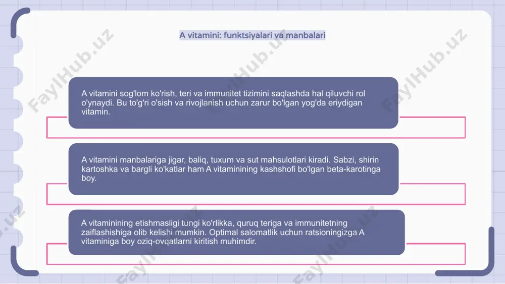 ing toksikligi tashvishlari a, d, e va k kabi yog'da eriydigan vitaminlar tananing turli funktsiyalari uchun zarurdir, ammo ortiqcha iste'mol qilinganida toksiklik xavfi mavjud. yog'da eriydigan vitaminlarni haddan tashqari ko'p iste'mol qilish ko'ngil aynish, qusish va jigar shikastlanishi va suyak anormalliklari kabi jiddiy oqibatlarga olib kelishi mumkin. yog'da eriydigan vitamin qo'shimchalari bilan ehtiyot bo'lish va potentsial zaharlanish bilan bog'liq muammolarni oldini olish va tanadagi to'g'ri darajani saqlab qolish uchun shifokor bilan maslahatlashish muhimdir. yog'da eriydigan vitaminlar va terining salomatligi a, d, e va k kabi yog'da eriydigan vitaminlar terining sog'lig'ini saqlashda hal qiluvchi rol o'ynaydi. ushbu vitaminlar to'qimalarni tiklashga yordam beradi, quyosh ta'siridan himoya qiladi va kollagen ishlab chiqarishni rag'batlantiradi. a vitamini akne va ajinlarni kamaytirishga yordam beradi, e vitamini esa erkin radikallarga qarshi kurashadigan kuchli antioksidantdir. d vitamini teri hujayralarining o'sishi va tiklanishini qo'llab-quvvatlaydi, k vitamini esa qora doiralar va ko'karishlarni kamaytirishga yordam beradi. sizning dietangizga yog'da eriydigan vitaminlarga …