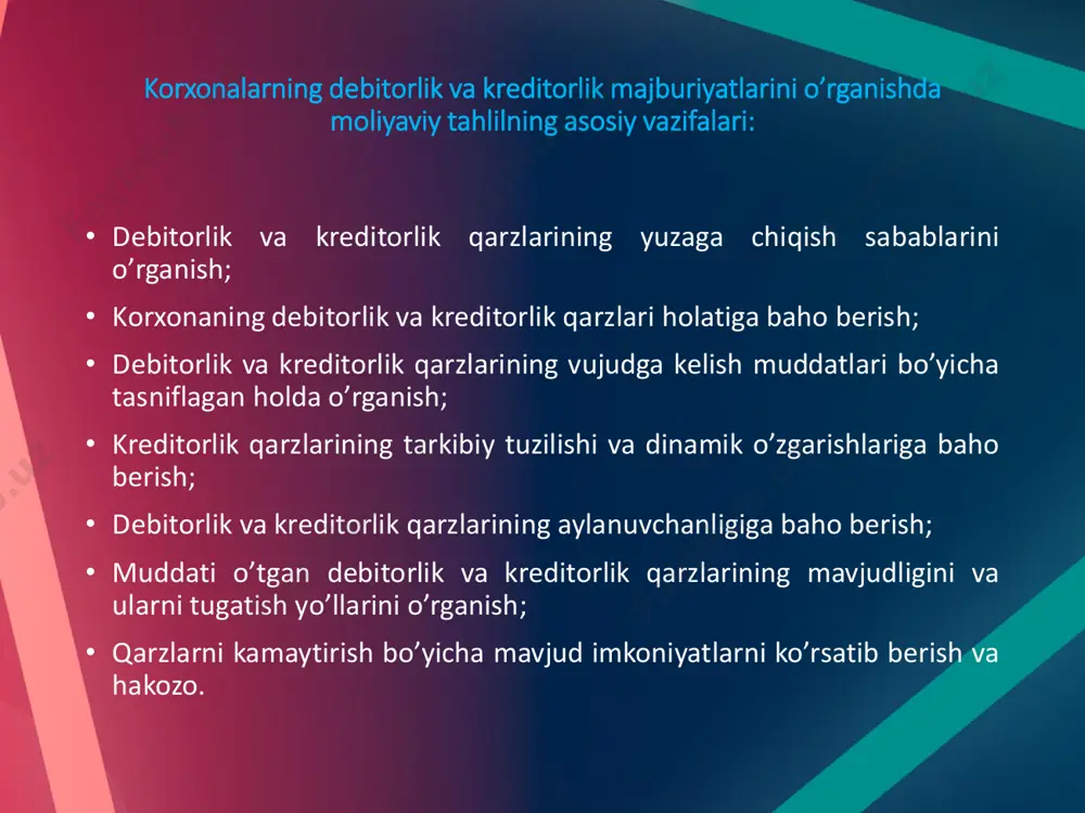 debitorlik-kreditorlik majburiyatlarining undirib olish muddati 3 oy qilib yoki 90 kalendar kun qilib belgilangan. ushbu muddatdan so’ng debitorlik kreditorlik majburiyatlari nazoratga olinadi xamda ularning holati bo’yicha davlat qonunchiligiga muvofik javobgarlik shartlari (ma’muriy va moliyaviy) belgilangan. • debitorlik va kreditorlik majburiyatlarini hisobdan chiqarish muddati sifatida huquqiy shaxslar o’rtasida ham, korxona bilan jismoniy shaxslar o’rtasida ham 3 yil muddat qlib belgilangan. ushbu muddatda to’lanmagan yoki undirib olinmagan majburiyatlar, qarzlar korxona foyda va zararlariga olib boriladi. muddati o’tgan debitorlik va kreditorlik majburiyatlari davlat tamonidan nazorat qatori sifatida olingan. muddati o’tkazib yuborilgan kreditorlik majburiyatlari korxona foydasiga qo’shiladi va umumiy asosda foydadan soliq stavkasi bo’yicha soliqqa tortiladi. muddati o’tgan debitorlik majburiyatlarini zararga olib borish soliqqa tortiladigan foyda summasini kamaytirmaydi. • muddati o’tgan debitorlik va kreditorlik majburiyatlarini foyda va zararlar qatoriga olib borish shartlari davlat hisob, soliq qonunchiligiga muvofiq qat’iy tartiblangan. ya’ni, debitorlik va kreditorlik majburiyatlarini foyda va zararlar qatoriga olib borishga qadar ularni to’lash yoki …