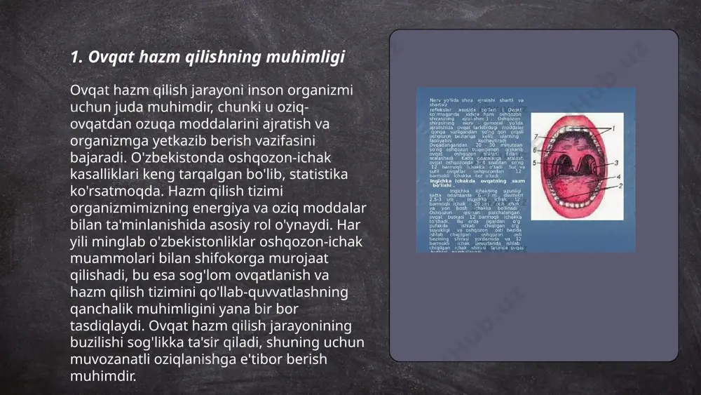 ol va yog' kislotalariga parchalashda ishtirok etadi. odam oshqozonida kuniga taxminan 1.5-2 litr hazm suyuqligi ishlab chiqariladi. fermentlar optimal harorat va ph darajalarida faol bo'ladi: amilaza taxminan ph 6.8 darajasida, pepsin esa ph 2-3 oralig'ida ishlaydi. fermentlarning yetarli ishlashi uchun ularni saqlovchi vitaminlar va minerallarga ehtiyoj bor. istirohat va to'g'ri ovqatlanish bilan ferment faoliyatini qo'llab-quvvatlash mumkin. ... t.me/slaydai_bot 7. jigar va oʻt pufagi funksiyalari jigar va o't pufagi inson tanasida muhim vazifalarni bajaradi. jigar qon filtratsiyasi, toksinlar zararsizlantirilishi va energiya uchun glyukozaning saqlanishini ta'minlaydi. shuningdek, u safro ishlab chiqaradi, bu yog'larning hazm bo'lishiga yordam beradi. o't pufagi esa safro zahirasini saqlaydi va uni oshqozon-ichak traktiga chiqaradi, bu yog'larni parchalanishini osonlashtiradi. jigar har kuni taxminan 1 litr safro ishlab chiqaradi va bu suyuqlik o't pufagida vaqtinchalik saqlanishi mumkin. jigar tanadagi oqsillar, qonni ivish omillari va boshqa birikmalarning ishlab chiqarilishida ham qatnashadi. bu organlar birgalikda organizmning samarali ishlashiga yordam beradi. ... t.me/slaydai_bot …