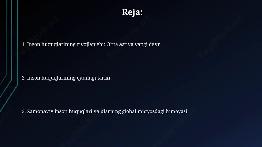 tushunchasi paydo bo'ldi. urushdan keyingi davrda 50 dan ortiq davlat inson huquqlari bo'yicha xalqaro konvensiyalarni va shartnomalarni ratifikatsiya qilib, ularning milliy qonunchiligiga integratsiyalashtirishga kirishdi. xix asrda inson huquqlari harakati xix asr oxirida, xalqaro miqyosda inson huquqlari tushunchasining rivojlanishiga hissa qo'shgan, birinchi genotsid konvensiyasi kabi xalqaro huquqiy hujjatlarning paydo bo'lishi kuzatildi. xix asrda ayollar huquqlari uchun kurash kuchaydi va 1848 yilda senekada birinchi ayollar huquqlari konvensiyasi o'tkazildi, bu feminist harakatining boshlanishi va siyosiy ishtirokka erishish uchun muhim qadam bo'ldi. qadimgi sharq va g'arb tsivilizatsiyalarida inson huquqlari qadimgi xitoyda konfutsiy falsafasi insoniylik, hurmat va adolat tamoyillarini targ'ib qilgan bo'lsa-da, imperatorning mutlaq hokimiyati inson huquqlarining amaldagi himoyasini cheklab qo'ygan. qadimgi yunonistonda demokratiya tizimining rivojlanishi bilan fuqarolar orasida tenglik va qonun oldida tenglik tamoyillari paydo bo'ldi, ammo bu huquqlar faqat oz sonli erkaklarga tegishli edi. bmtning inson huquqlari bo'yicha umumiy deklaratsiyasi deklaratsiya, insonning tubdan tengligi va ozodligi tamoyillarini, jumladan, hayot huquqi, erkinlik va shaxsiy …