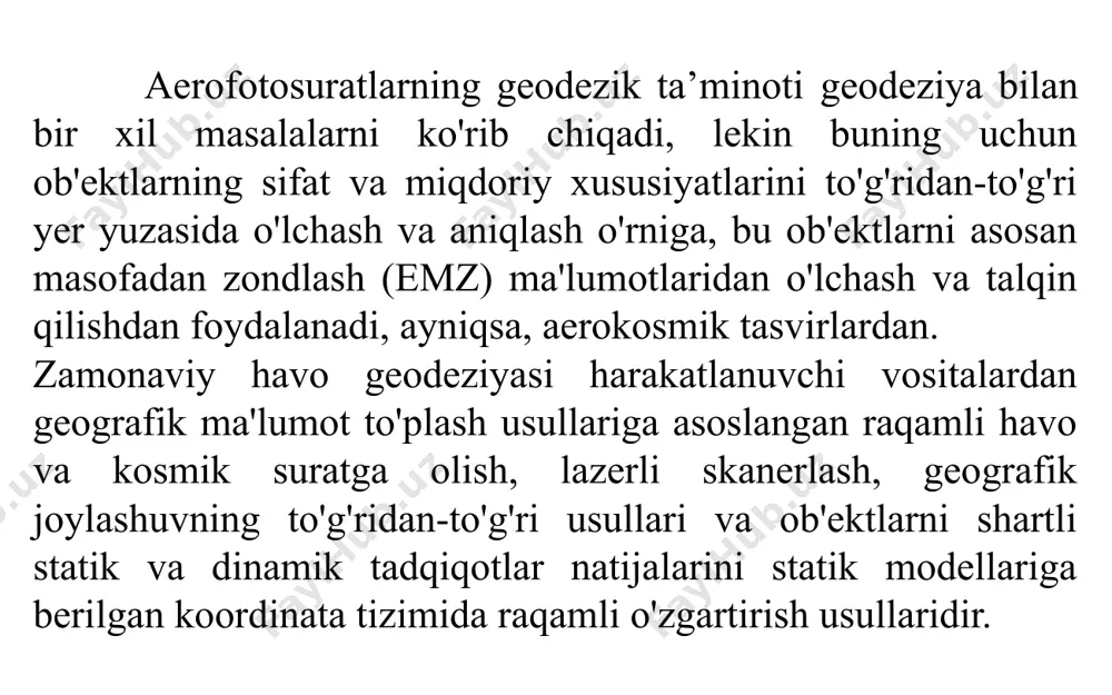 a texnologiyasidagi muammo shundaki, katta matritsali massivlarni ishlab chiqarish qiyin. shuning uchun, ular birlashadi: ular hududdagi bir nechta kichiklardan katta panjaralar yasaydilar. masalan, to'rt linzali maqsad to'rtta alohida tasvirni hosil qiladi, ular markaziy proektsiyaga aylanadi va avtomatik ravishda tikiladi. bunday tasvirlar mavjud analitik ishlov berish dasturlari yordamida qayta ishlanadi. raqamli aerosyomka natijasida raqamli aerofotograflar, shuningdek, parvozda yozilgan tashqi yo'nalish elementlari (chiziqli - xs, ys, zs - suratga olish markazining koordinatalari; burchakli - a, ω, χ - kameraning koordinata o'qlariga nisbatan yo'nalishi) aniqlanadi. relyef tasviri qurilgan markaziy dizayn qonunlariga muvofiq, havo manfiysi (aerofoto) bir qancha buzilishlarni o'z ichiga oladi, ularning qiymatlari optik o'qning burilish burchagi bilan belgilanadi. aerokamera va erning tebranishi. bu buzilishlarni bartaraf etish ularni fotogrammetrik qayta ishlash jarayonida, xususan - transformatsiya deb ataladigan fotografik yoki raqamli transformatsiya jarayonida amalga oshiriladi. shu nuqtai nazardan, bajarilgan ishlarni kartografik (topografik) qo'llab-quvvatlash uchun aerofotofotlardan dastlabki o'zgarishsiz foydalanish, bu buzilishlar ta'siri bilan cheklangan. havodan …