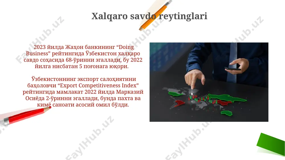 y osiyo davlatlariga nisbatan yuqoriroq koʻrsatkichga ega. biznes yuritish muhiti indekslari oʻzbekistonning “biznes yuritish muhiti” indeksi koʻrsatkichlarining yaxshilanishiga soliq toʻlash va kontraktlarni bajarish boʻyicha islohotlar ijobiy ta’sir koʻrsatdi, masalan, soliq toʻlovlarini amalga oshirish muddati qisqartirildi. "doing business" hisobotida oʻzbekistonning kredit olishga kirish imkoniyatlari boʻyicha reytingi yaxshilandi, ammo qishloq xoʻjaligi sohasida kreditlashga kirish hali ham qiyin boʻlib qolmoqda, masalan, namangan viloyatida kredit olish qiyinchiliklarini hal qilish boʻyicha qoʻshimcha ishlar talab etiladi. sogʻliqni saqlash tizimi reytinglari 2022-yilgi ma'lumotlarga ko'ra, o'zbekistonda chaqaloq o'limi ko'rsatkichi 1000 tug'ilgan chaqaloqqa 20 ga teng bo'lib, bu ko'rsatkich markaziy osiyo mamlakatlari orasida o'rtacha darajada. mamlakat boʻylab shifoxonalarning 80% dan ortigʻi zamonaviy tibbiy uskunalar bilan jihozlangan boʻlsa-da, shifokorlarning soni aholining soniga nisbatan toshkent shahriga nisbatan qoraqalpogʻiston respublikasida ancha past. axborot texnologiyalari rivojlanish darajasi 2022-yilgi ma’lumotlarga ko'ra, o'zbekistonning global raqamli iqtisod indeksi reytingida 100 dan ortiq mamlakat orasida 80-o'rinni egallagan, bu esa rivojlanish uchun katta salohiyat borligini ko'rsatadi. toshkent shahri …