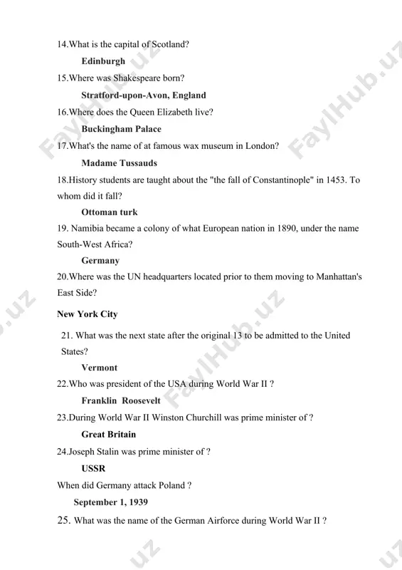 (mohandas) karamchand gandhi 28.who was julius caesar's grand-nephew? augustus 29. what was albert einstein famous for? theorist 30. what was the buddha's first name? gautama 31. where was napoleon born? ajaccio, corsica, kingdom of france (corsica) 32. who painted the mona lisa? leonardo da vinci 33. what year did napoleon die? 5 may (1821) 34. what age did alexander the great die at? 32 35. who was the greatest ruler of the mongolian empire? genghis khan 36.who was the first president of america? george washington 37. who was the egyptian princess that formed alliance with marc anthony? cleopatra 38.what was the name of the women who supposedly cause the trojan war? helen 39.who was responsible for documenting the quran? muhammad 40. where was christopher columbus born? italy 41.which of the following was one cause of the french revolution? enlightenment 42.which of the following countries was the first to industrialize? great …