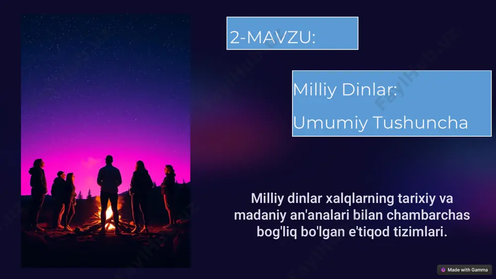 rning keskinlashuvi oqibatida vujudga kelgan. 5 sikhizm indistondagi monoteistik din; hinduiylikning diniy islohotchilik harakatining gʻoyaviy shakllaridan biri. https://gamma.app/?utm_source=made-with-gamma m. av. 2- ming yillik o‘rtalarida hindistonga kirib kelgan oriylar o‘zlari bilan muqaddas yozuvlari – vedalar (sanskr. – muqaddas bilim)ni ham olib kelgan edilar. hind adabiyoti 3.5 ming yildan ortiq tarixga ega. bu adabiyotning boshlanishi vedalardir bo‘lib, 4 yirik to‘plamdan iborat: vedalar dini. 1. rigveda («madhiyalar vedasi»); 2. samaveda («qo‘shiqlar vedasi»); 3. yajurveda («qurbonliklar vedasi»); 4. atxarvaveda («afsun va jodular vedasi»). vedalarda butun tabiatning ilohiyligi haqidagi ta’limot ilgari suriladi. https://gamma.app/?utm_source=made-with-gamma braxmanlik veda dinlarining bir shahobchasidir. vaqt o‘tishi bilan vedalardagi qo‘shiqlar ommaga, hatto ruhoniylarga ham tushunarsiz bo‘lib qoldi. nihoyat, bu tilni o‘rganish uchun kishilar alohida guruhlar tuzib, maxsus vaqt ajratdilar. natijada o‘z hayotlarini - ibodat qilish, - ilohiyot ilmini o‘rganish, - murakkab marosimlarni o‘tkazish - xalq ruhoniy hayotini boshqarishga bag‘ishlagan braxmanlar kastasi (tabaqasi) vujudga keldi. braxmanlik https://gamma.app/?utm_source=made-with-gamma braxmanning hayoti to‘rt muayyan belgilangan bosqichdan …