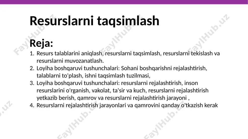 y obyekt, element, mexanizm, mulk faqatgina maqsad belgilanganida va unga erishish uchun faoliyat boshlanganda resursga aylanadi. r resurs yangilanmoqda, ya’ni manba elementlarini potentsial holatdan (haqiqiy faol emas) haqiqiy holatga (favqulodda foydalanish uchun tayyor) o'tkazish uchun qasddan qilingan harakatlar jarayoni. loyihani amalga oshirish bilan bir qatorda, resurslar loyihaning yakuniy va oraliq natijalariga ta’sir etishiga qarab, ulardan foydalanishning o‘zgaruvchanligini nazarda tutib, taktik va strategik ta’simi olish va resurslarni manipulyatsiya qilish uchun loyiha faoliyatiga adekvat qo‘shilish asosida resurslarni birlashtirishni nazarda tutadi zarur bo‘lgan holda murojaat qilish vositasi zaxiralar, har qanday manbalar; rus tilidagi “resurs” so'zi ikki ma'noga ega: loyihani tuzish va uni boshqarish deganda ma’lum vaqt oralig’ida aniq maqsad va vazifalarga erishish uchun resurslarni rejalashtirish, ishni tashkillashtirish va uni nazorat qilish, va manfaatdor tomonlarning talablariga javob beradigan yuqori sifatli natijalarni taqdim etish jarayoni tushuniladi. how the company loyiha boshqaruvi qurilish va muhandislikdan tortib sog’liqni saqlash va moliyagacha bo’lgan keng ko’lamli sohalarda qo’llaniladi. about …