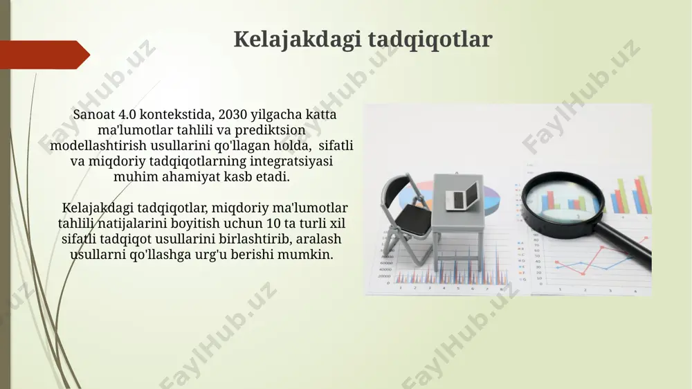 hovning ishonchliligini ko'rsatadi, bu esa natijalarning takrorlanuvchanligini ta'minlaydi. ma'lumotlarni yig'ish usullari sifatli ma'lumotlarni chuqurroq tahlil qilish uchun 3-5 nafar ishtirokchi bilan o'tkaziladigan chuqur intervyular samarali bo'ladi. bu boy va batafsil javoblar olish imkonini beradi. ma'lumotlarni to'plashning 5 ta asosiy usuli mavjud: so'rovnomalar, intervyular, kuzatish, hujjatlar tahlili va eksperimentlar. har bir usul turli xil ma'lumotlarni olish imkonini beradi. tadqiqotning cheklovlari ma'lumotlar yig'ish vositalarining subyektivligi (intervyular, kuzatishlar) natijalarga tashqi omillar ta'sirini keltirib chiqarishi va tadqiqotning ishonchliligini pasaytirishi mumkin, bu esa taxminan 10% xatolikka olib kelishi mumkin. moliyaviy resurslarning cheklanganligi (masalan, byudjet 10.000$ dan oshmasligi) tadqiqotning davomiyligini, geografiya qamrovini va qo'llaniladigan uslublar sonini cheklab qo'yishi mumkin, bu esa tadqiqotning chuqurligini pasaytiradi. natijalarni talqin qilish sifatli ma'lumotlarni talqin qilishda, 3 ta asosiy mavzu yoki naqshni aniqlash va ularni qo'llab-quvvatlash uchun dalillarni keltirish orqali umumlashtirish tavsiya etiladi. miqdoriy va sifatli ma'lumotlarning birgalikdagi tahlili natijalarining 20% dan ortig'i kutilayotgan natijalarga mos kelmasa, tadqiqot metodologiyasini qayta ko'rib …