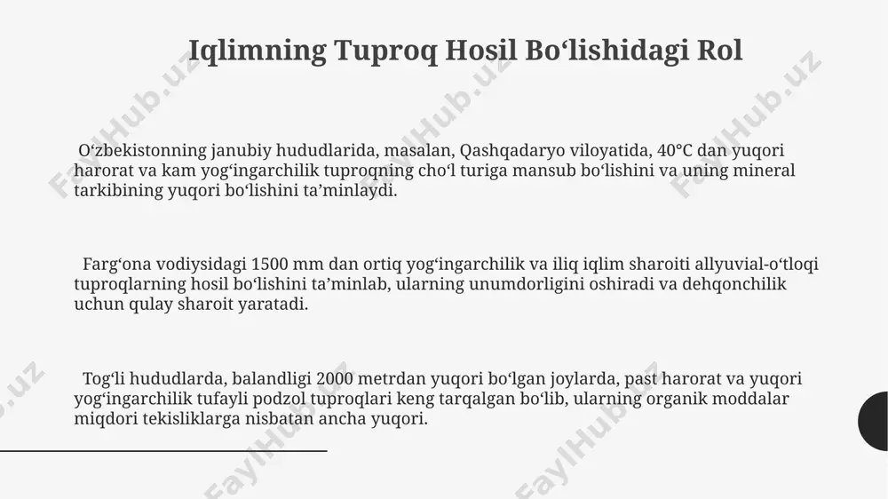 musga boy, podzolik tuproqlar shakllangan. tog'li hududlarda, masalan, farg'ona vodiysining shim. yon bag'irlarida, 2000 m balandlikda, past harorat va kuchli shamol ta'siri ostida, litosol tuproqlari keng tarqalgan. qoraqalpog'istonning qumli cho'llarida, yillik yog'in miqdori 100 mm dan kam bo'lgan hududlarda, tuzlangan va gidroksidli tuproqlar, past unumdorligi bilan ajralib turadi. relyefning tuproq hosil bo‘lishidagi rol cho‘l hududlarida, misol uchun, qoraqalpog‘istonning qurg‘oqchil zonasida, kam yog‘ingarchilik (100 mm dan kam) tufayli sekin tuproq hosil bo‘lish jarayoni kuzatiladi, tuproq qatlami juda yupqa. pasttekisliklarda, masalan, farg‘ona vodiysida, yillik 500 mm dan ortiq yog‘ingarchilik bilan unumdor, chuqur allüvial tuproqlar shakllanadi. tog‘li hududlarda, masalan, o‘zbekistonning g‘or sharqida, 20-30° burchak ostida joylashgan yamachlarda tezroq eroziya tufayli yupqa, toshloq tuproqlar hosil bo‘ladi. e'tiboringiz uchun rahmat @taqdimot_robot
