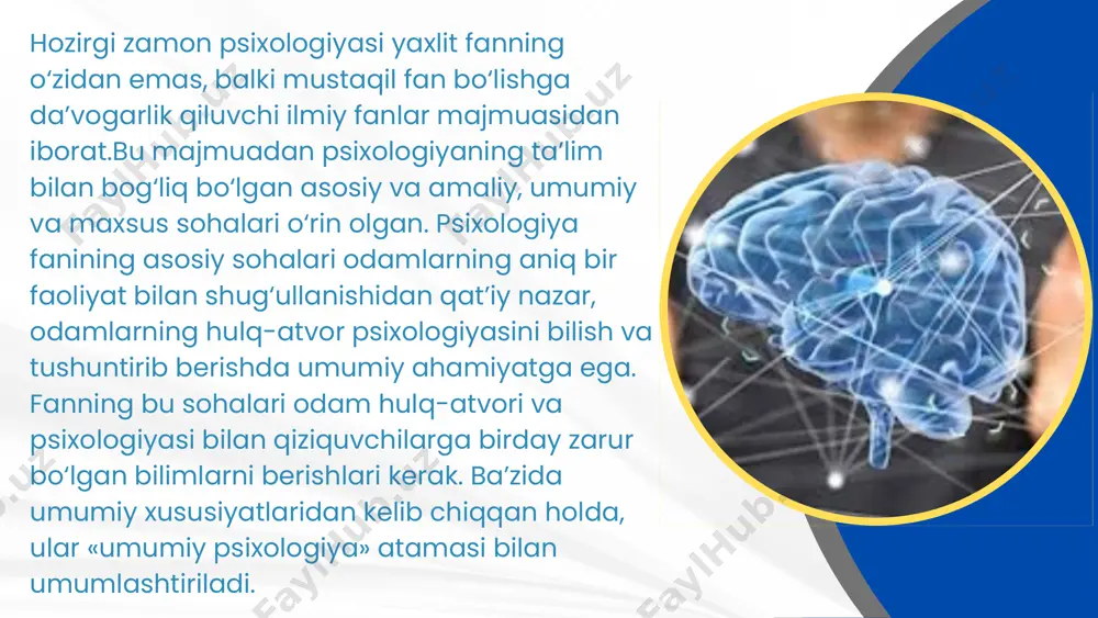 rqli o‘laroq, amaliy psixologiya aniq bir talabgor bilan ish yuritadi, noma’lumlikni ilmiy tarzda ochib beruvchi keng hajmli va chuqur tadqiqotlarni olib bormasdan, mijozning amaliy ehtiyojlari, masalan, savdo tashkiloti, vazirlik yoki idora, harbiy kasalxona yoki umumta’lim maktabi bilan ish ko‘radi. amaliy psixologlarning asosiy ish vositasi – treninglar, xususan: psixodrama, jismoniy treninglar, nlp-treninglar, o‘zini o‘stirish treninglari, ijtimoiy o‘zaro munosabatlar treninglari, geshtalttreninglar, shaxsiy o‘sish treninglari va biznes- treninglar, autotreninglar va qobiliyatlarni rivojlntirish treninglari, ota-onalar va bolalar uchun treninglar. amaliy psixologiyaning bir qismini qator masalalarni, jumladan, ish bo‘yicha yuzaga keladigan qiyinchiliklar (ishdan qanoatlanmaslik, hamkasblar va boshliqlar bilan kelishmovchiliklar, ishdan bo‘shatilish imkoniyati, yangi ish izlash muammolari), shaxsiy hayotdagi tartibsizliklar oiladagi ixtiloflar, baynalminal oilalarning muammolari, maktab yoki oliygohdagi yomon o‘zlashtirish, ota-onalar va bolalar munosabatlarining muammolari, o‘ziga nisbatan ishonch va hurmatning etishmovchiligi, shaxslararo munosabatning o‘rnatilishi va mustahkamlashdagi qiyinchiliklarni hal etuvchi – psixologik maslahat tashkil etadi e'tiboringiz uchun rahmat mbx-au-23 guruxi talabasi mamayunisova dilsóz