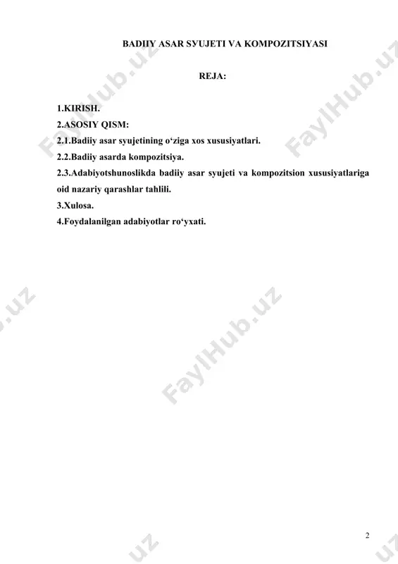 ab va nizom oshib boraveradi. aristotel miloddan avvalgi 384-322 yillarda “poetika” (poeziya san’ati to‘g‘risida) asarini yozdi. bu jahonda adabiyot nazariysiga bag‘ishlab yozilgan birinchi kitob edi. aristotel hali adabiyot yoki badiiy adabiyot atamasi kelib chiqmagan bir davrda adabiyotni “poeziya”, deb ataydi va u hayotning o‘xshashini yaratadi, deb bilgan.[footnoteref:1] darhaqiqat, adabiyot hayot aksi. kitobxon tomonidan o‘qilayotgan har bir badiiy asar u qaysi bir janrda yaratilgan bo‘lishidan qat’iy nazar hayot haqiqati va falsafasini kuylay olishi kerak. bunday xususiyatga ega bo‘lgan har qanday ijod namunasi esa shubhasiz, mangulikka dahldor bo‘ladi. [1: adabiyotshunoslikka kirish. e.xudoyberdiyev. “sharq”. toshkent. 2008. 13-bet.] badiiy asar adabiyotshunoslik nazariyasiga muvofiq tahlil qilinar ekan, unda mavjud bo‘lgan barcha badiiy shakllarning eng muhim elementlariga alohida e’tibor qaratiladi. biz mazkur kurs ishida shu kabi asosiy badiiy qismlardan biri sujet va kompazitsiyga to‘xtaldik. yillar davomida yaratilgan adabiyotshunoslikka oid asarlarda sujet va kompozitsiya haqida keltirilgan fikrlarga alohida e’tibor qaratdik. adabiyotshunos olimlarning fikr va mulohazalarini, turfa xil …