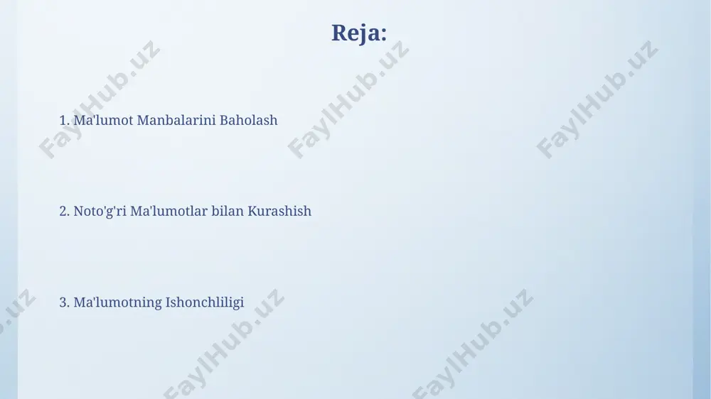 mo ularning hammasi ham ishonchli emas, shuning uchun manbalarning nashriyotlari va mualliflarining obro'sini tekshirish kerak. axborot shovqini va uning ta'siri jahon sogʻliqni saqlash tashkilotining (jsst) ma'lumotlariga ko'ra, 2022 yilda dezinformatsiya tufayli 10 million kishi notoʻgʻri tibbiy qarorlar qabul qilgan, bu esa global miqyosda sogʻliqni saqlash tizimiga katta zarar yetkazgan. axborot shovqini, masalan, 2023 yilda oʻzbekistonning ijtimoiy tarmoqlardagi 50% dan ortiq xabarlarini notoʻgʻri ma'lumotlar egallaganligi bilan tavsiflanadi, bu esa jamoatchilik fikriga salbiy ta'sir ko'rsatadi. rasmiy va norasmiy manbalarni farqlash toshkent shahridagi universitetning ilmiy jurnallarida chop etilgan maqolalar rasmiy manbaga misol boʻlsa-da, ularning ilmiy metodologiyasi va manba ishlatish uslubiga qarab ishonchlilik darajasi 1 dan 5 ballgacha baholanishi mumkin. norasmiy manbalar, jumladan, bloglar yoki ijtimoiy tarmoqlardagi shaxsiy fikrlar, masalan, facebookdagi 5000 ta layk yigʻgan postlar, subyektiv boʻlib, haqiqatga mos kelmasligi mumkin. aniq manbalar ko'rsatilmaganligi sababli ishonch darajasi past. yangiliklar va ijtimoiy tarmoqlardagi yolg'on ma'lumotlar so'nggi 5 yil ichida o'zbekiston ommaviy axborot vositalarida yolg'on …
