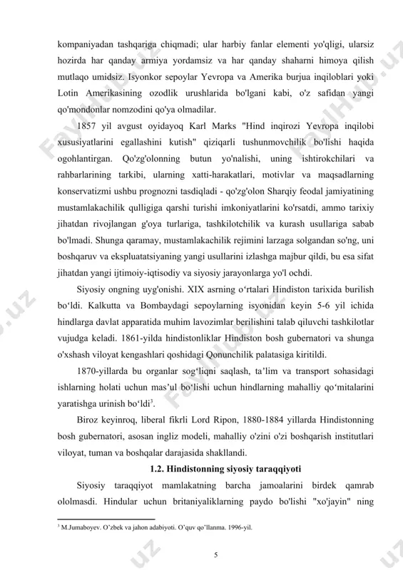 i ijtimoiy-iqtisodiy va siyosiy jarayonlarga yo'l ochdi. siyosiy ongning uyg'onishi. xix asrning oʻrtalari hindiston tarixida burilish boʻldi. kalkutta va bombaydagi sepoylarning isyonidan keyin 5-6 yil ichida hindlarga davlat apparatida muhim lavozimlar berilishini talab qiluvchi tashkilotlar vujudga keladi. 1861-yilda hindistonliklar hindiston bosh gubernatori va shunga o'xshash viloyat kengashlari qoshidagi qonunchilik palatasiga kiritildi. 1870-yillarda bu organlar sogʻliqni saqlash, taʼlim va transport sohasidagi ishlarning holati uchun masʼul boʻlishi uchun hindlarning mahalliy qoʻmitalarini yaratishga urinish boʻldi . biroz keyinroq, liberal fikrli lord ripon, 1880-1884 yillarda hindistonning bosh gubernatori, asosan ingliz modeli, mahalliy o'zini o'zi boshqarish institutlari viloyat, tuman va boshqalar darajasida shakllandi. 1.2. hindistonning siyosiy taraqqiyoti siyosiy taraqqiyot mamlakatning barcha jamoalarini birdek qamrab ololmasdi. hindular uchun britaniyaliklarning paydo bo'lishi "xo'jayin" ning o'zgarishini anglatardi. ilgari ular mugʻal imperatorlariga boʻysungan, endi yangi hukumatga moslasha olgan. bu jarayon davomida ingliz tili ta'lim tizimi va g'arb tafakkur yo'li prinsiplari qabul qilindi. aksincha, musulmonlar bu oʻzgarishni adovat bilan uchratganlar. …