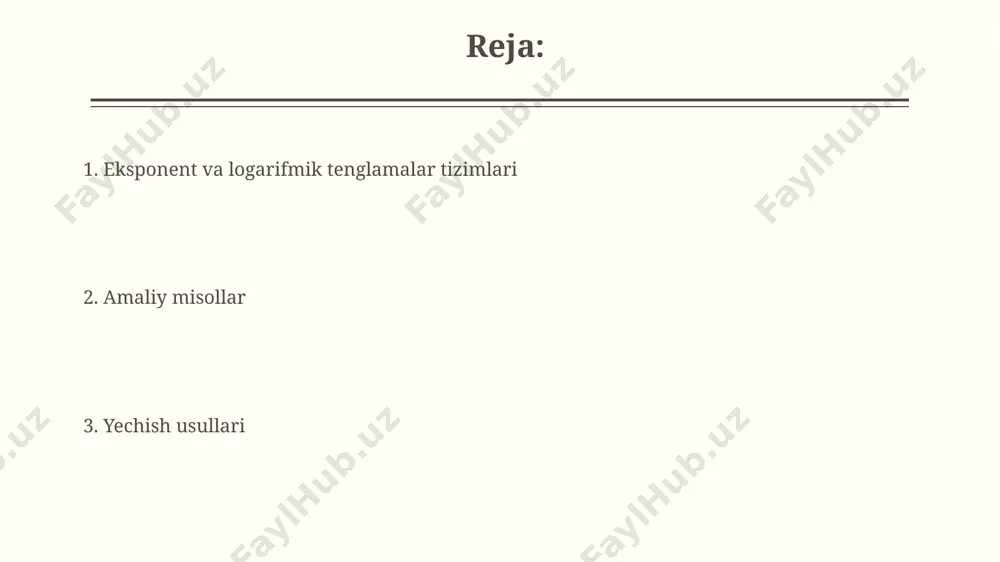 lgebraik manipulyatsiyalar, almashtirish usullari va ba’zan 2 yoki 3 ta noma’lumlar boʻlganda grafik usullar qoʻllaniladi murakkab misollar va ularni yechish usullari toshkentdagi 12-sonli litseyda o‘quvchilarga log 2 (x+y) + x = 4 va x - y = 1 ko'rinishidagi murakkab misollarni yechishda, logarifm xossalaridan va tenglamalar sistemalarini yechish usullaridan kompleks foydalanish ko‘rsatiladi. eksponent va logarifmik tenglamalar sistemalarini yechishda almashtirish usuli samarali bo‘lib, masalan, x + ln y = 2 va x – y = 3 sistemasi almashtirish orqali osonlik bilan yechiladi. oddiy eksponent va logarifmik tenglamalar tizimlari samarqanddagi matematiklar tomonidan o'rganilgan 5 ta noma'lumli eksponent va logarifmik tenglamalar sistemasi, murakkab hisoblashlardan keyin, 2 ta haqiqiy va 3 ta kompleks yechimga ega ekanligini ko'rsatdi. eksponent va logarifmik tenglamalar sistemalarini, masalan, x² + eˣ = 10 va ln(x) + y = 5 sistemasini yechishda, grafik usul va 3 ta iteratsiya qilish bilan yechim taxminiy ravishda topiladi. grafik usuli grafik usulida ikkita eksponent …