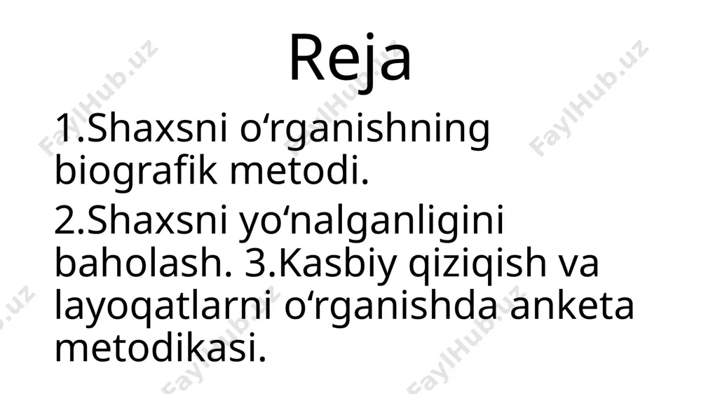 diagnostikasi) d. super – kasbiy rivojlanish nazariyasi qo‘llanish sohasi: kasb tanlash, kasbiy yo‘naltirish, ta’lim jarayonida layoqatni aniqlash. afzalligi: o‘tkazish va qayta ishlash oson, ko‘plab odamlarni bir vaqtda qamrab oladi. kamchiligi: javoblarda ishtirokchi sub’ektivligi bo‘lishi mumkin. biografik metod – shaxsning rivojlanish yo‘lini o‘rganishda foydali. shaxsni yo‘nalganligini baholash metodlari – qadriyat va motivlarni aniqlashda yordam beradi. anketa metodikasi – kasbiy qiziqish va layoqatlarni ilmiy asosda tekshirishda samarali hisoblanadi biografik metod va uning turlari biografik metod — psixologiyada shaxsni o‘rganishning muhim usullaridan biri bo‘lib, insonning butun hayoti davomida to‘plagan tajribasi, hayotiy voqealari, faoliyati, qadriyatlari va ijtimoiy munosabatlarini tarixiy-hayotiy yondashuv asosida tahlil qilishni nazarda tutadi. biografik metodlarning turlari bu metod xx asr boshlaridan boshlab keng qo‘llanila boshlandi. shaxs psixologiyasida bu yondashuvni v. shtern, k. levin, a. adler, keyinchalik esa rus psixologlari l.s. vygotskiy, a.r. luriyalar rivojlantirgan avtobiografik metod shaxsning o‘z hayoti haqida yozgan xotiralari, tarjimai holi, kundaliklari, esdaliklari asosida o‘rganiladi. kuchli tomoni: odam o‘zini …