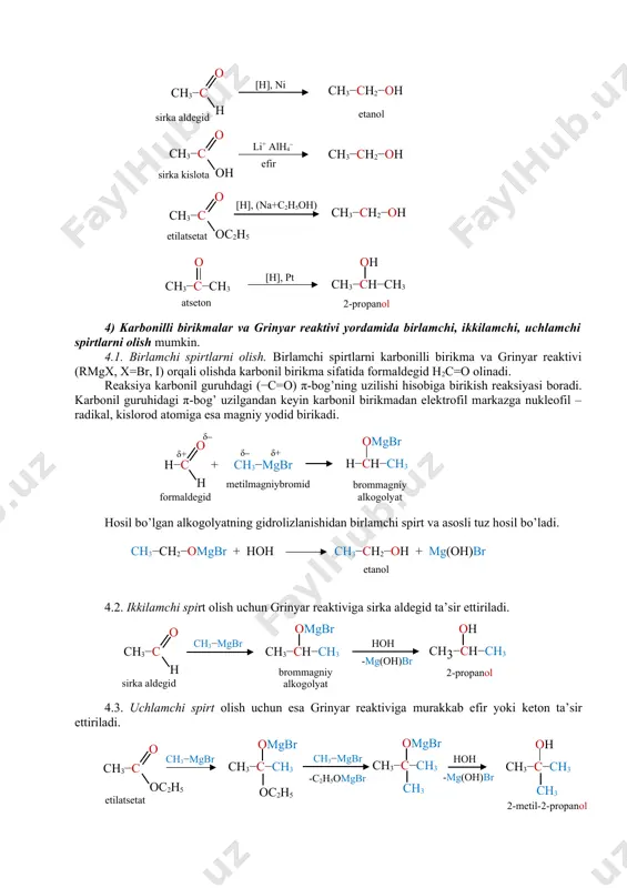 xossasini namoyon qiladi. ular kislotalarga o’xshab, metallar bilan reaksiyaga kirishib, vodorod ajratib chiqaradi. 2r−oh + 2na natriy alkoksid natriy etilat 2r−ona + h2 2c2h5−oh + 2na 2c2h5−ona + h2 bu reaksiyada spirt kuchsiz kislota xossasini namоyon qilyapti, chunki brensted nazariyasiga ko’ra, proton beradigan (ajratadigan) moddalar kislotalar deb ataladi, lekin spirtning kislоtali хоssasi kuchsiz. spirtning kislotali xossasining kuchsiz bo’lishining sababi, proton chiqib ketganidan keyin qolgan anionning turg’unligiga bog’liq. anionning turg’unligi o’z navbatida manfiy zaryadning delokallanishiga bog’liq. c2h5→o←h etil spirtdagi etil radikalining musbat induktiv effekti (+i) o–h bog’ining qutbliligini, dissotsiyalanishi darajasini kamaytiradi. uglevodoroddan kelayotgan elektron zichlik hisobiga o–h bog’ining qutbliligi kamayadi, demak vodorod atomining harakatchanligi kamayadi. alkogolyatlar suv ta’sirida boshlang’ich spirtga oson parchalanadi. bu spirtning suvdan ham kuchsiz kislota ekanligini isbotlaydi. c2h5oh + naoh c2h5ona + h2o ch3 ch3→o←h > ch→o←h > ch3→c→o←h ch3 ↓ ↑ ch3 ch3 metanol 2-propanol 2-metil-2-propanol kislotali xossaning kamayishi spirtlarning kislotali xossasi kuchsiz bo’lgani uchun ular ishqorlar …