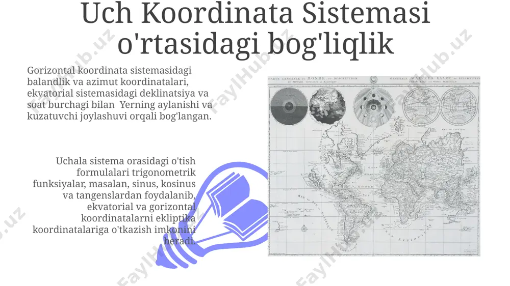 ashda juda qulay va astronomik hisob-kitoblarda keng qo'llaniladi, ayniqsa, radio astronomiyada. gorizontal koordinata sistemasi gorizontal koordinata sistemasida kuzatish nuqtasining geografik kengligi va uzunligi muhim rol o'ynaydi, chunki bu parametrlar gorizont tekisligining orientatsiyasini aniqlaydi. yerning aylanishi tufayli gorizontal koordinatalar doimiy ravishda o'zgarib turadi, shuning uchun aniq vaqtni ko'rsatish juda muhimdir, masalan, 2023-yil 10-oktabr soat 10:00 gmt. e'tiboringiz uchun rahmat @taqdimot_robot image4.jpg image5.jpg image6.jpg image7.jpg image8.jpg image9.jpg image10.jpg image11.jpg image12.jpg image1.jpeg image2.jpeg image3.jpeg