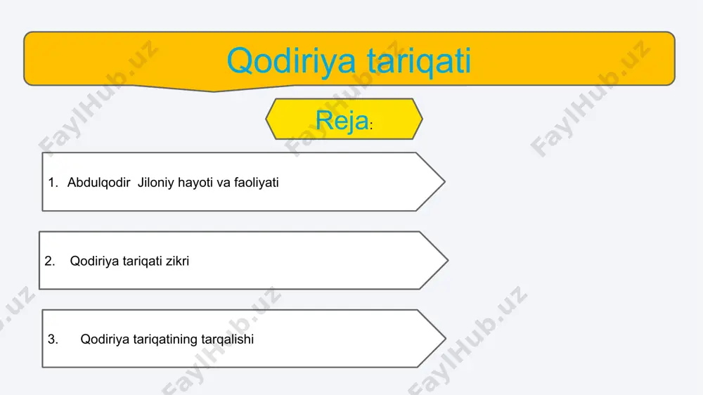 blarini berishgan. jiloniy maqbarasi bagʻdodda boʻlib, islomdagi mashhur muqaddas joylardan biri hisoblanadi. jiloniyning „al-gʻunya li talib tariq l-haqq“ („haq yoʻlidan boruvchi toliblar yoʻlini tugʻirlash“) asari saqlanib qolgan. bu asarda hanbaliya mazhabi nuqtai nazaridan islomdagi 73 firqaga bulingan musulmon jamoasining ijtimoiy, axloqiy burch va vazifalari bayon qilingan. qodiriya tariqati da zikr marosimi 3 turga bo'linadi . 1) " zikrul-avqot " - kundalik, kunning muayyan vaqtlarida bajariladigan zikrlar; 2) "az-zikrul xafiy vi-l-jalola " - ixtiyoriy, maxfiy, yakka holda bajariladigan zikrlar; 3) " zikru-l-xadra " - ommaviy zikr marosimi bo'lib , ayni zikrni "davron" (arab.- "aylana" ) yoki "layliyya" ( arab. - tungi ) deb ham ataladi. zikr bir nechta bosqichlarda amalga oshiriladi. bunda qatnashuvchilar avvaliga qurʼon qiroat qilib, so'ng salovat aytishadi, so'ngra tik turgan holda, doira shaklida aylana boshlaydilar. doiraning o'rtasida shayxning o'zi zikrni boshqarib turadi. musiqachilar alohida guruhni tashkil qilib, shayxning ishorasiga ko'ra, malum vaqtda musiqa chaladilar. xadra juma ( payshanba …