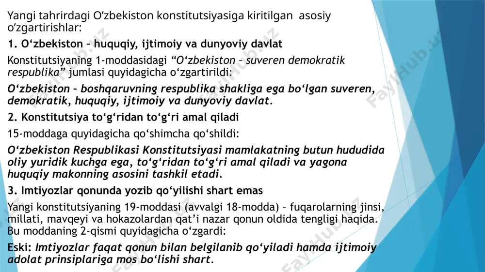 zi erkinliklarning cheklanishiga olib keladi. 4. yangi institutlar va davlat tuzilmalari o'zbekiston konstitutsiyasi: 2023-yilgi konstitutsiyada yangi institutlar, masalan, inson huquqlari bo'yicha vakil (ombudsman) tashkil etilgan. shuningdek, o'zbekiston konstitutsiyasida hokimiyatning to'rt bo'linishi – ijroiya, qonun chiqaruvchi, sud va nazorat tuzilmalariga keng o'rin berilgan. boshqa yangiliklardan biri, davlat tilining statusi ham alohida belgilangan. xorijiy davlatlar: ko'plab davlatlarda hokimiyatning bo'linishi tamoyili mavjud, ammo ba'zi mamlakatlarda, masalan, britaniya yoki saudiya arabistonida, monarxiya yoki prezident hokimiyatning asosiy manbai sifatida faoliyat yuritadi, shuningdek, parlament va sud tizimi ham muhim, lekin hukumatning boshqaruvi ko'proq bir markazga yo'naltirilgan. 5. din va davlat aloqalari o'zbekiston konstitutsiyasi: yangi tahrirdagi konstitutsiya dinni davlatdan ajratish prinsipini mustahkamlashga intiladi, lekin musulmon dinining mamlakatda katta ahamiyatga ega ekanligini tan oladi. o'zbekistonda diniy erkinliklar, shu jumladan, turli konfessiyalar va diniy qarashlarga hurmat bilan yondashish belgilangan. xorijiy davlatlar: bir qator davlatlar, masalan, frantsiya yoki aqsh, din va davlatni to'liq ajratishga intiladi. ular diniy erkinliklarni mustahkamlasa-da, dinni …