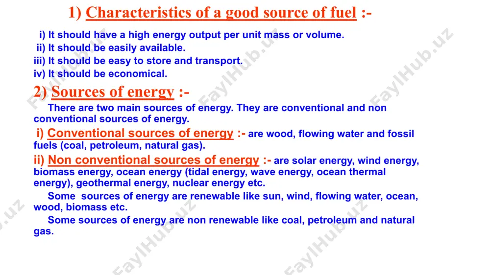 rivers are stored by constructing dams. the water from the dam flows down through pipes and rotates the turbines of generators to produce electricity. advantages :- i) flowing water is a renewable source of energy. ii) the electricity produced does not cause pollution. iii) the water stored in dams can also be used to control floods and for irrigation. disadvantages :- i) the initial cost is high. ii) large areas of land gets submerged and the decomposition of vegetation produces methane gas which is a green house gas. iii) it causes displacement of people from large areas of land. thermal power plant d) biomass energy :- the waste materials and dead parts of living things are called biomass. eg :- wood, animal dung, vegetable waste, agricultural waste, sewage etc. biomass is decomposed by anaerobic microorganisms to produce biogas. biogas is a mixture of gases containing methane, carbon dioxide, hydrogen and …