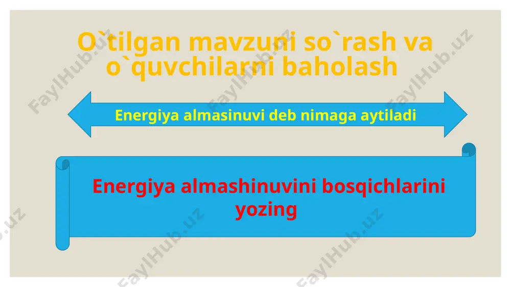 intezning qorong‘ulik reaksiyalari uchun xloroplastga dastlabki moddalar va energiya to‘xtovsiz kelib turadi. uglerod (iv)-oksid barg hujayralariga atmosfera havosidan o‘tib turadi, vodorod atomi esa suvning fotolizi natijasida hosil bo'ladi. fotosintezning yorug'lik bosqichida sintezlanadigan atf uglevodlar sintezi uchun energiya manbai bo'lib hizmat qiladi. ana shu moddalar ta’sirida xloroplastda ug­levodlar sintezi amalga oshadi. shunday qilib, fotosintez natijasida yorug'lik energiyasi organik birikmalar tarkibidagi kimyoviy bog'lar energiyasiga aylanadi. yangi mavzuni mustahkamlash: anagramma metodi yordamida quyida yashirilgan so`zarni toping tsoinefzot ortfetgalerra iktodail olkig`oqrnu tmsaor quyidagi masalani yeching 1. fotosintez jarayonida x molekula glyukoza sinteziga sarflanuvchi atf ga bog’lanuvchi energiya miqdori 1 molekula glyukozaning massasidan 8 marta ko’p bo’lsa , ajralib chiqqan suvning miqdori ushbu jarayonga sarflangan vodorod tashuvchi organic birikma miqdoridan necha marta kam ? a) 3 b) 2 c) 6 d) 4 2. 9 molekula co2 biriktirish jarayonida hosil bo’lgan glyukoza molekulalar sonining 1/3 qismi parchalanganidan ajralgan energiyaning kj hisoblang. a) 2800 b) 1400 c) …