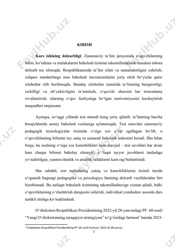 olash zarurati tug‘iladi. shuningdek, test metodini o‘rgatishda, baholash vositalarini yaratishda va ularni o‘quvchi yoshiga moslashtirishda yondashuvlarning ilmiy asoslangan bo‘lishi juda muhim. bugungi kunda pedagogika va psixologiya fanining yutuqlari shuni ko‘rsatmoqdaki, test metodi samaradorligi uni qanday tashkil qilish, savollarning murakkablik darajasi, muvozanatli va differensial yondashuv mavjudligiga bevosita bog‘liq. ushbu kurs ishining maqsadi – test metodining nazariy asoslari, amaliy qo‘llanilishi, uning pedagogik va psixologik afzalliklari hamda mavjud kamchiliklarini aniqlash, chuqur tahlil qilish va uni takomillashtirish bo‘yicha ilmiy asoslangan tavsiyalar ishlab chiqishdan iborat. kurs ishining obyekti: test metodi orqali o‘quvchilarning bilimini baholashda amalga oshirilayotgan nazorat va baholash jarayoni – ushbu kurs ishining obyekti hisoblanadi. kurs ishining predemti: test metodining o‘qituvchilarga, o‘quvchilarga, ta’lim sifati va samaradorligiga ta’siri, psixologik holatlar va bilim baholashda qo‘llanilayotgan mexanizmlar – kurs ishining predmetini tashkil etadi. quyidagi vazifalar kurs ishining asosini tashkil etadi: 1. test metodining tarixiy shakllanish jarayonini yoritish; 2. uning zamonaviy ta’limdagi o‘rnini aniqlash; 3. test usullarining psixologik …