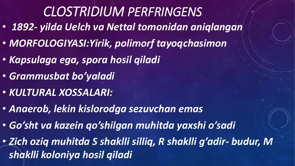 urushi paytida askarlar orasida keng tarqalgan. urushda o’qotar qurollardan kelib chiqqan jarohatlarga tuproq yoki kiyim bilan qoqshol tayoqchalarining sporalari tushgan. shuning uchun qoqsholni “ urush davri epidemiyasi “ deb atashadi. • qoqshol yangi tug’ilgan chaqaloqlarda ham bo’ladi ( (tetanus neonatorum) kindik bog’lanayotgan vaqtda u to’liq sterilizatsiya qilinmagan asboblar bilan ifloslansa, qoqshol tayoqchasining sporalari kindik orqali organizmga kiradi • patogenezi: • qoqshol sporasi jarohatlangan teridan kirib to’qimalar ichida vegetativ shaklga o’tadi, o’zidan ekzotoksin ishlab chiqaradi va markaziy nerv to’qimalariga ta’sir ko’rsatib, harakatlantiruvchi ko’ndalang - targ’il mushaklarni qisqarishiga olib keladi. yashirin 6 – 14 kun. dastlab chaynov mushaklari, keyin yuz mimika mushaklari zararlanadi va yuz qizarib bemor soxta kulayotgandek tuyuladi. so’ng qorin, tana va oyoq mushaklari qisqaradi. natijada, bemor boshini orqasiga qayirib, belini havoza qilib yotadi, qorin mushaklari esa taxtaday qotib qoladi. • ushbu kasallikdan so’ng immunitet hosil bo’lmaydi, chunki kasallik o’lim bilan tugaydi. sun‘iy immunitet organizmga antitoksin yuborish orqali hosil qilinadi, …