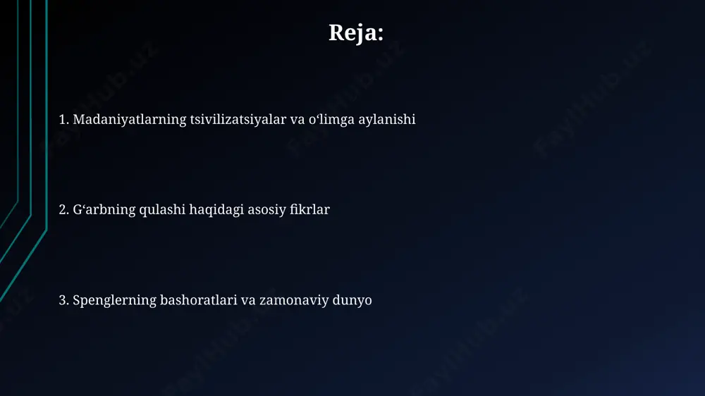 mon stsenariylarni model qilishda foydali bo'lishi mumkin. uning tsivilizatsiyalar hayotiy sikllari haqidagi nazariyasi, taxminan 1000 yil davom etadigan rivojlanish bosqichlarini ko'rsatib, hozirgi zamon davlatlarining kelajagini bashorat qilish va turli xil siyosiy va iqtisodiy tizimlarning uzoq muddatli istiqbollarini tahlil qilishda foydali vosita bo'la oladi. tarix falsafasi va tsivilizatsiya nazariyasi uning nazariyasi, tsivilizatsiyalarni "madaniyat" (organik rivojlanish bosqichi) va "sivilizatsiya" (formalizm va inqiroz davri) deb ikki asosiy bosqichga ajratadi, bu esa 20-asrning siyosiy va ijtimoiy jarayonlarini tahlil qilishda muhim rol oʻynaydi. spenglerning "gʻarbning tanazzuli" asarida 8 ta yuksalish va qulash bosqichlarini oʻz ichiga olgan tsivilizatsiya tsikli modeli taklif etiladi, bu esa tarixiy jarayonlarni organik va siklik sifatida tushunishga asoslanadi. spenglerning falsafiy yondashuvi, "faollik" va "passivlik" kabi asosiy kontseptsiyalarni qoʻllagan holda, tsivilizatsiyalar taraqqiyotining turli yoʻnalishlarini, jumladan, taqdirini ham tushuntirishga harakat qiladi. madaniyatlarning koʻtarilishi va qulashi spengler, gʻarb madaniyatining "qish" davriga kirganligini va u yangi madaniyatlarning paydo boʻlishiga yoʻl ochishi mumkinligini taʼkidlaydi. spengler 8 ta …